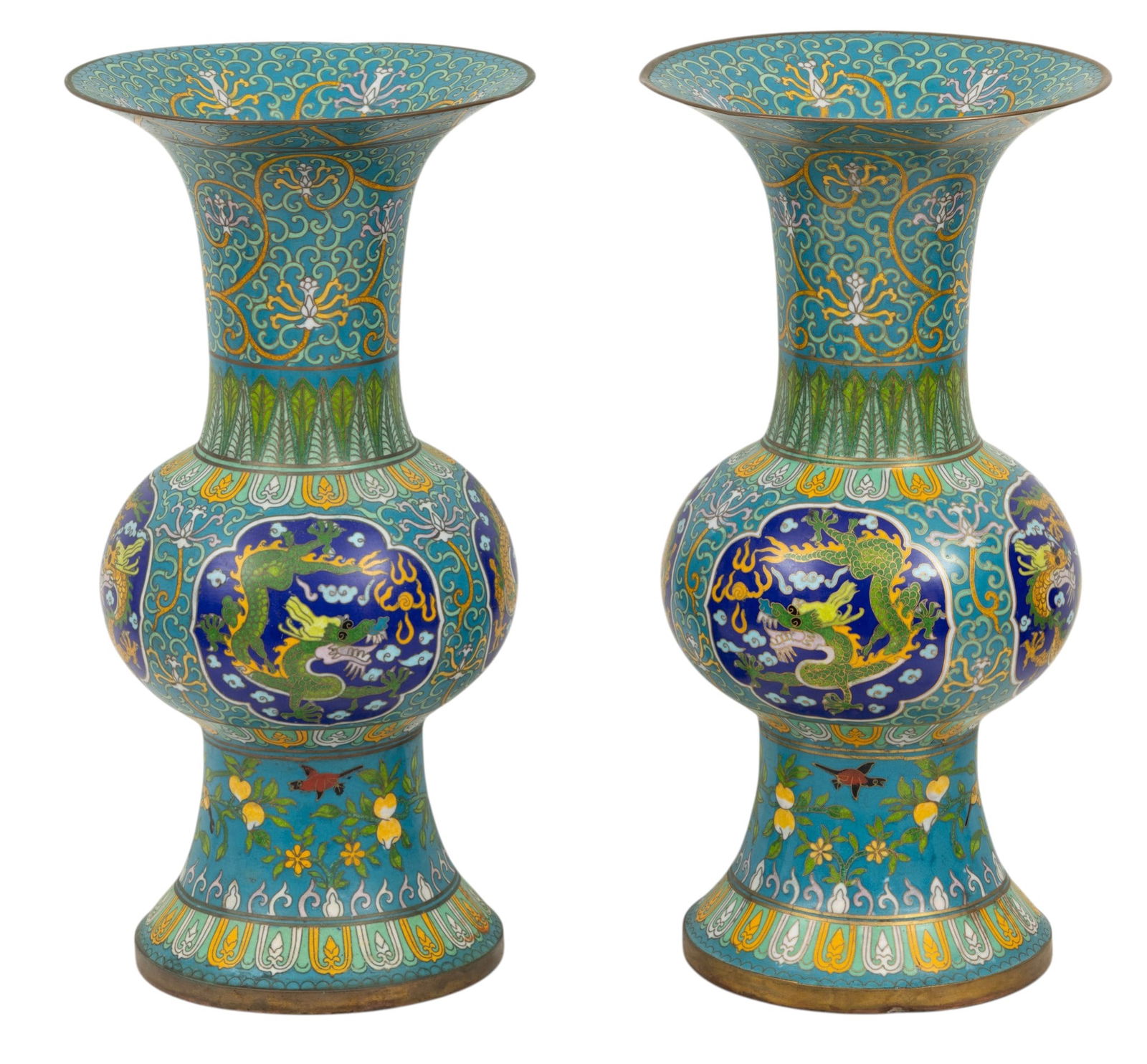 Chinese Cloisonne Gu Vases, Pr. 20th C., H 15.5" Dia. 6" 1 PAIR: Chinese Cloisonne Gu Vases, Pr. 20th C., H 15.5" Dia. 6" 1 PAIR Blue ground with allover foliate scroll design with cartouches of green and yellow five toed dragons in clouds. Provenance: Prope