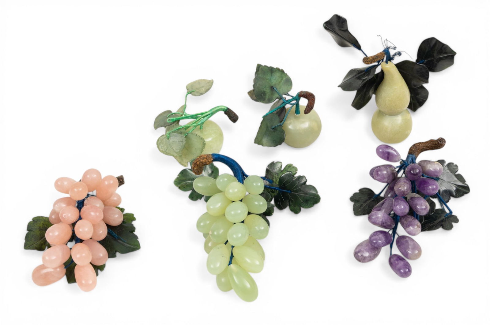 Chinese Hand Carved Serpentine, Jade, Fruits L 6" 6 PCS: Chinese Hand Carved Serpentine, Jade, Fruits L 6" 6 PCS One bunch green grapes 6" deep green jade leaves. One bunch pink quartz grapes 6" deep green jade leaves . One bunch amethyst quartz grape