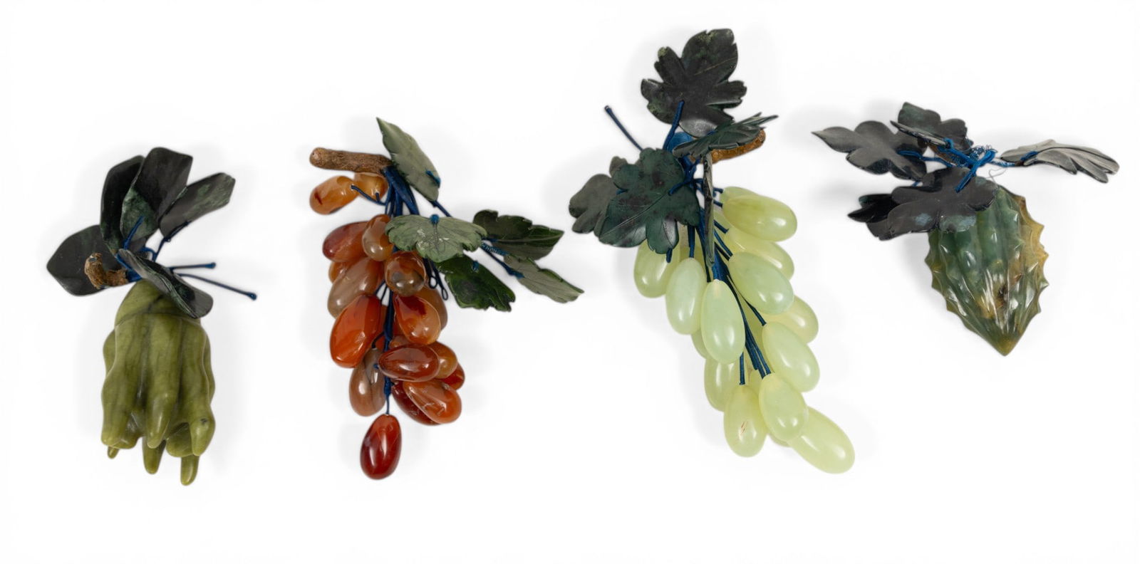Chinese Hand Carved Agate and Serpentine Grape Bunches (2)+ Fruits (3) L 7" 5 PCS: Chinese Hand Carved Agate and Serpentine Grape Bunches (2)+ Fruits (3) L 7" 5 PCS All fruit pieces have carved deep green jade leaves. One bunch of green grapes 7". One bunch of agate grapes 7".