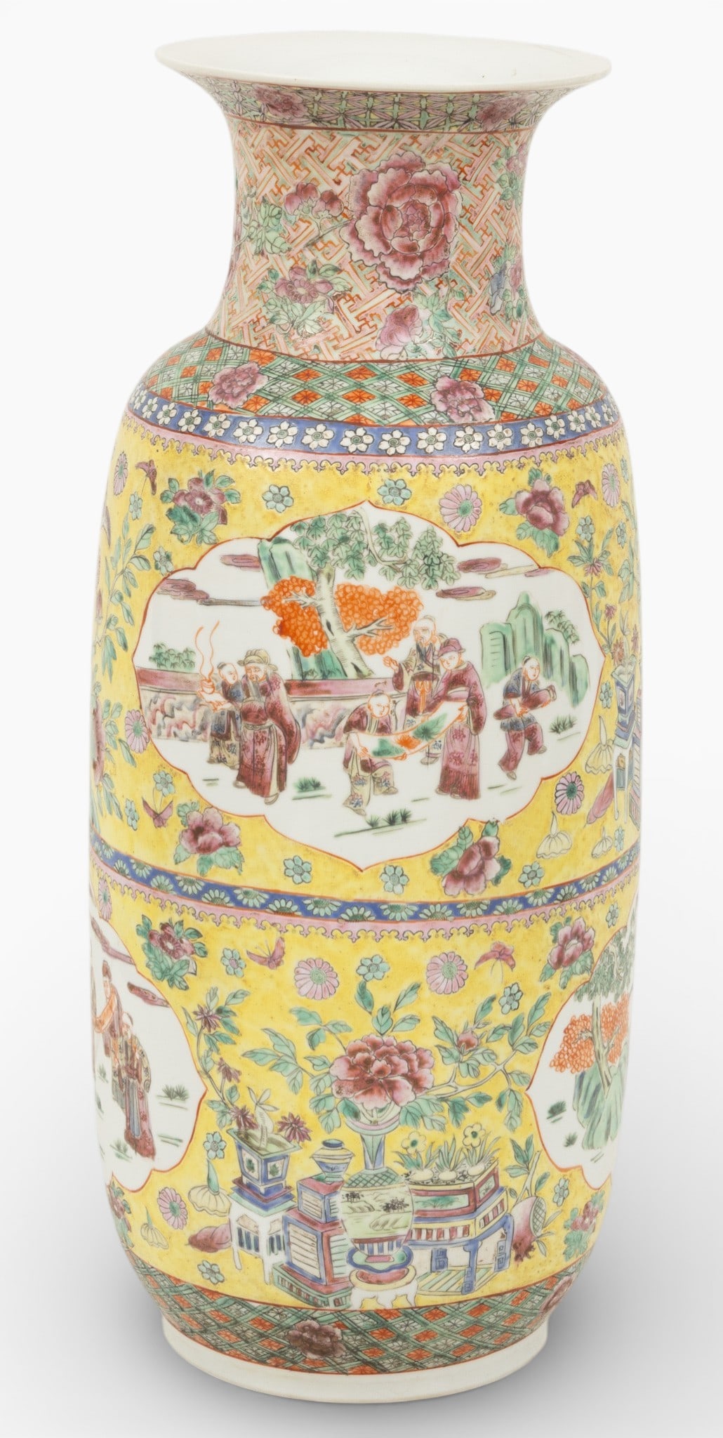 Chinese Famille Jaune Porcelain Vase, H 24'': Chinese Famille Jaune Porcelain Vase, H 24'' Baluster form, hand enameled with flowers and figures against a yellow ground. Detailed domestic scenes in cartouches. Dimensions: H 24''