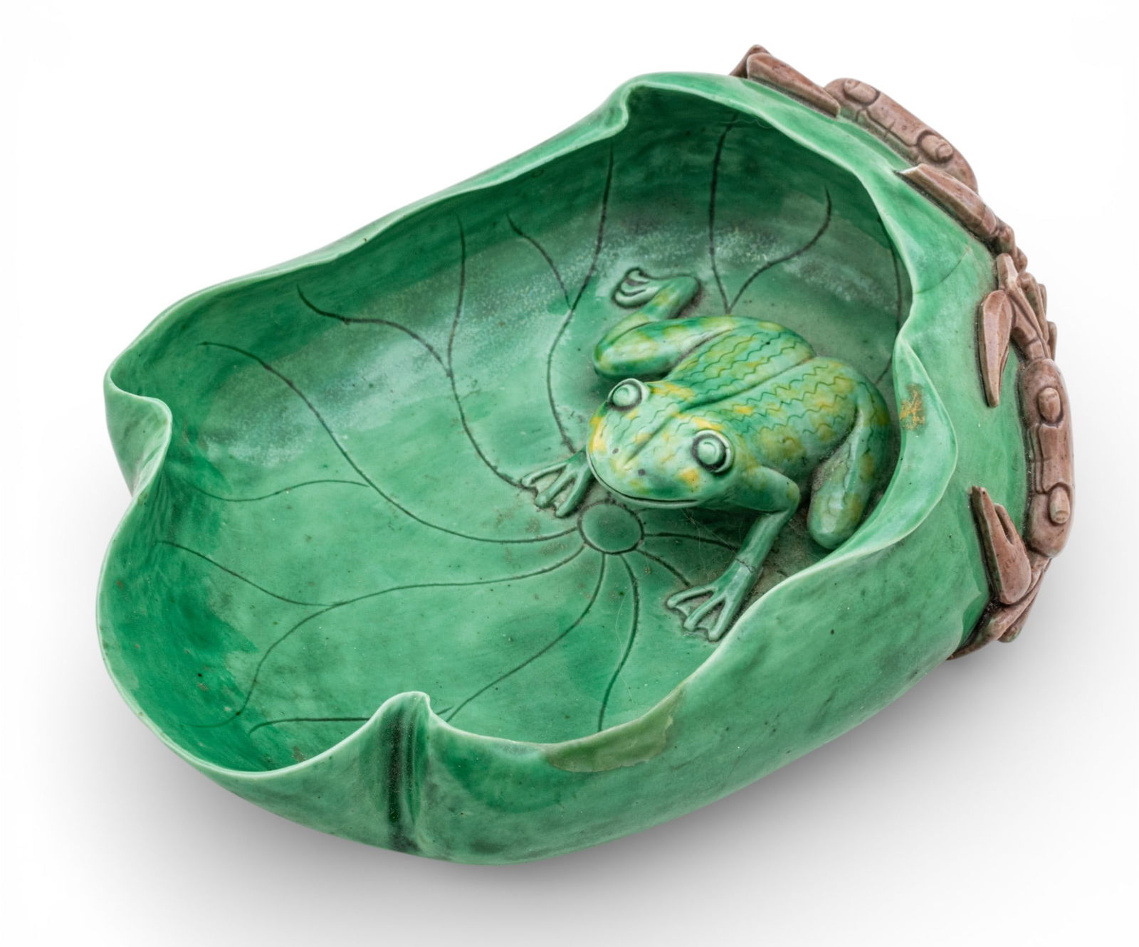 Chinese Porcelain Lily Pad Form Brush Pot, Daoguang Seal Mark H 1.7" W 3.5" L 5.2": Chinese Porcelain Lily Pad Form Brush Pot, Daoguang Seal Mark H 1.7" W 3.5" L 5.2" Daoguang raised seal mark. Frog in full relief on interior and two crabs in low relief on exterior. Carefully delinea