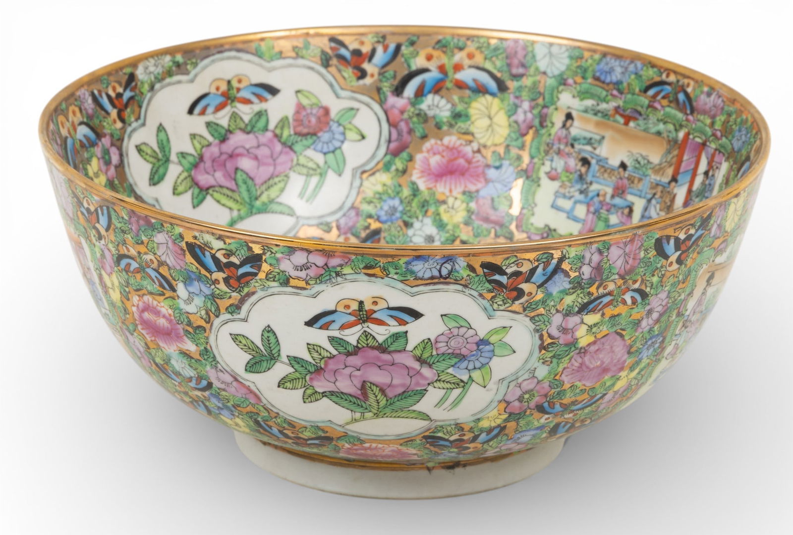 Chinese Rose Medallion Porcelain Punch Bowl, Ca. 20th C., H 6.5" Dia. 14": Chinese Rose Medallion Porcelain Punch Bowl, Ca. 20th C., H 6.5" Dia. 14" Decorated all over with roses and foliage, butterflies and figural genre scenes. Provenance: Property of a Livonia, MI
