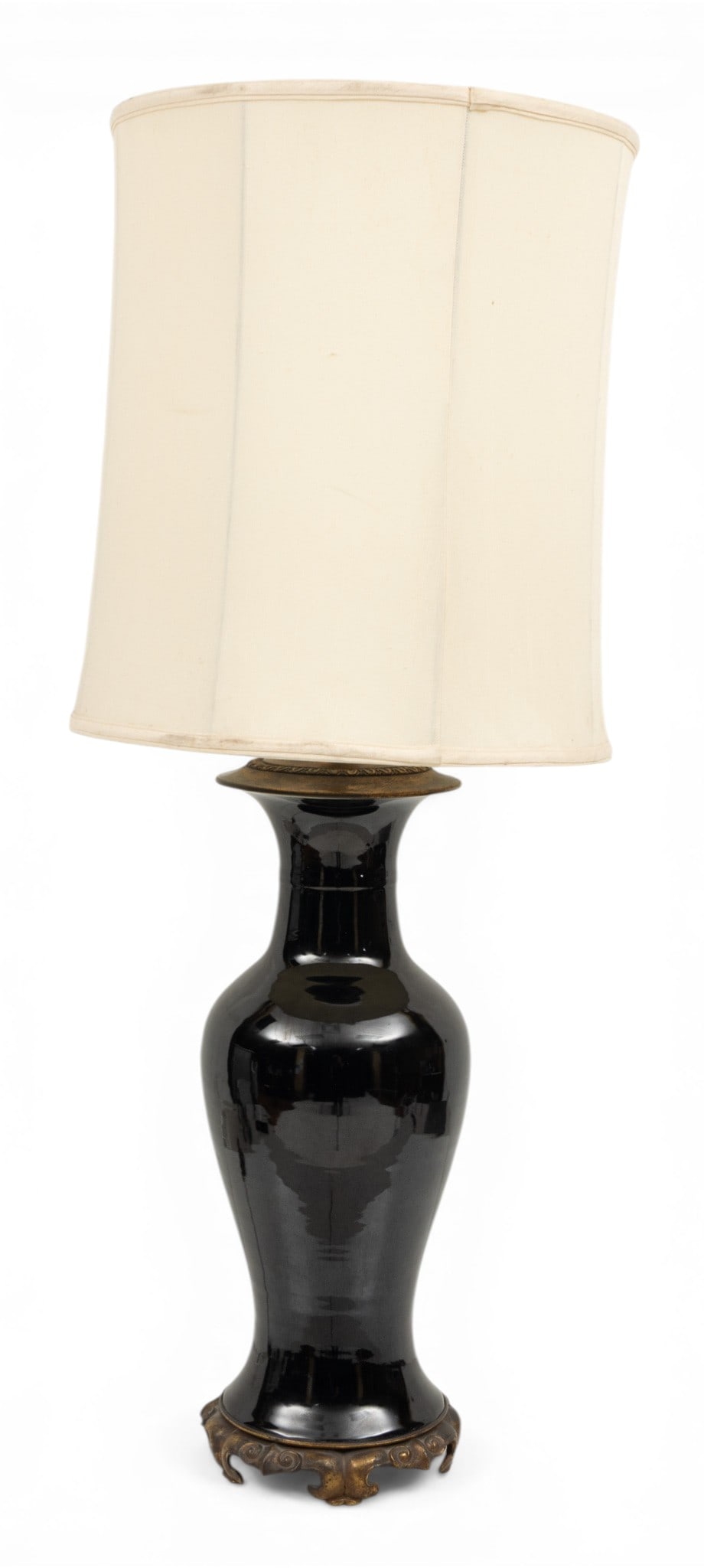 Chinese Baluster Form Black Porcelain Vase Mounted As a Lamp, H 42.5": Chinese Baluster Form Black Porcelain Vase Mounted As a Lamp, H 42.5" Chinese baluster form vase with black glaze. Drilled and mounted as a lamp with gilt bronze base and brass mountings. Electrified.