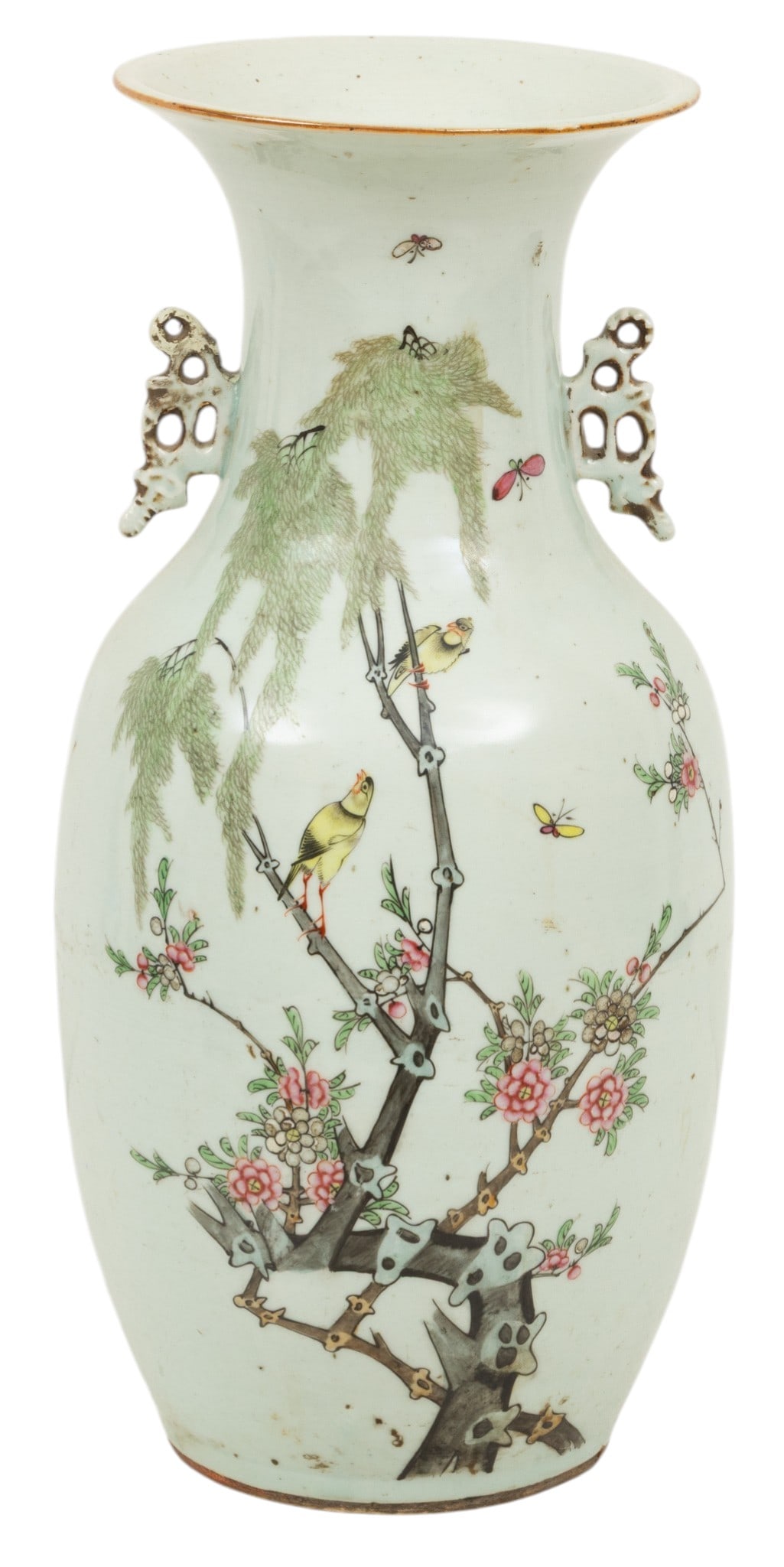 Chinese Porcelain Vase 20th C., H 17" Dia. 8": Chinese Porcelain Vase 20th C., H 17" Dia. 8" Foo dog handles. Ochre ground with hand painted scenes of birds and insects on and around a blossoming cherry tree. Provenance: Property from the E