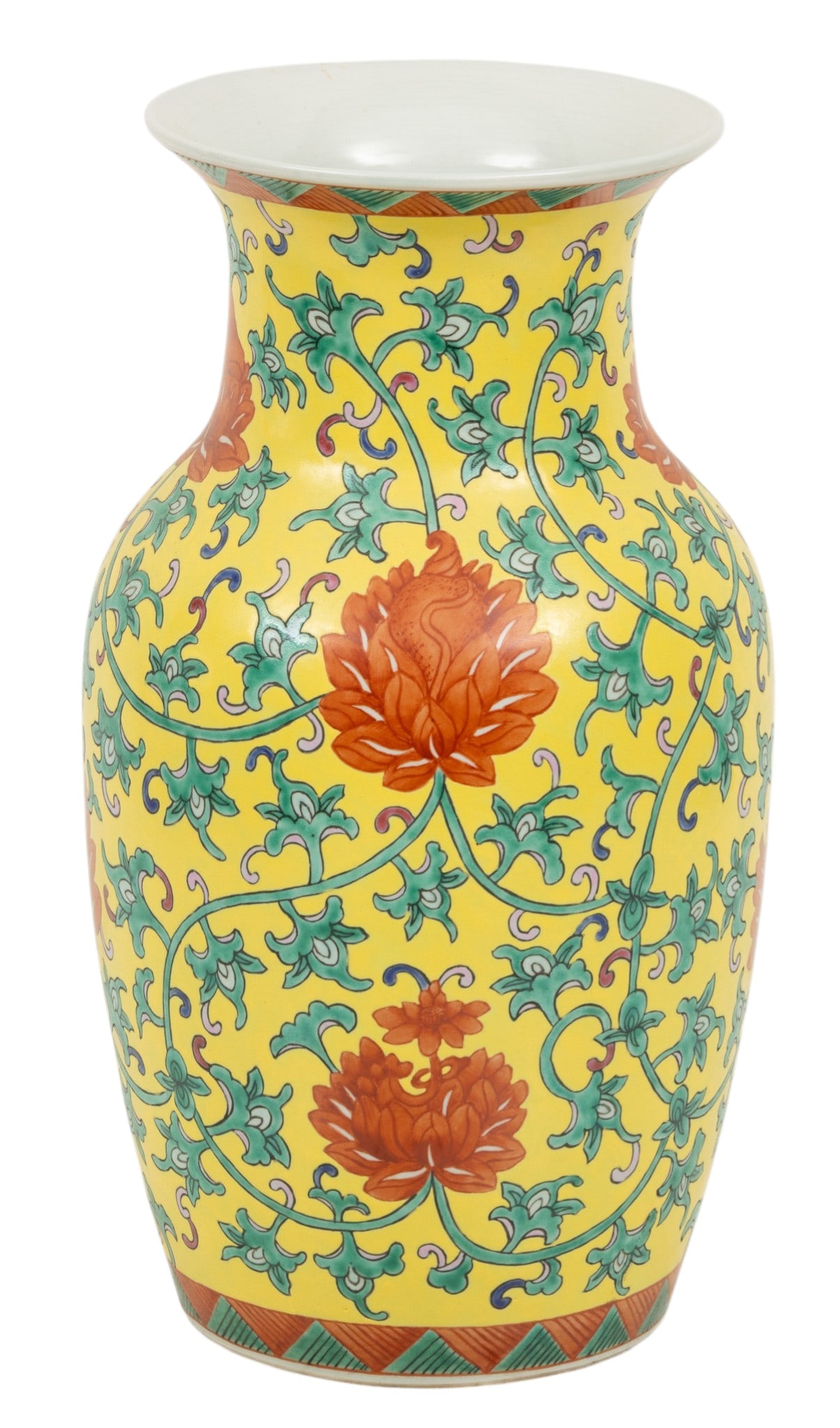 Chinese Famille Jaune Style Porcelain Vase 20th C., H 14.5" Dia. 8": Chinese Famille Jaune Style Porcelain Vase 20th C., H 14.5" Dia. 8" On 7" teak finished carved base. Tongzhi mark with four red characters. Provenance: Property from the Estate of Charles