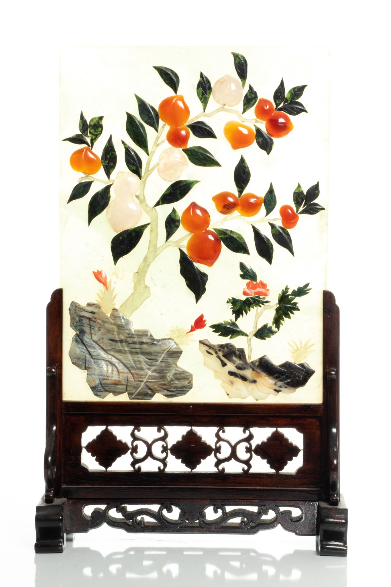 Chinese Jade Screen Panel, Applied Jade, Agate, Rose Quartz H 12'' W 8'' 1 PC: Chinese Jade Screen Panel, Applied Jade, Agate, Rose Quartz H 12'' W 8'' 1 PC Deep green jade leaves on a light green jade plaque. 11 3/4" x 8 1/2". Carved berries applied. With carved wood stand 17"
