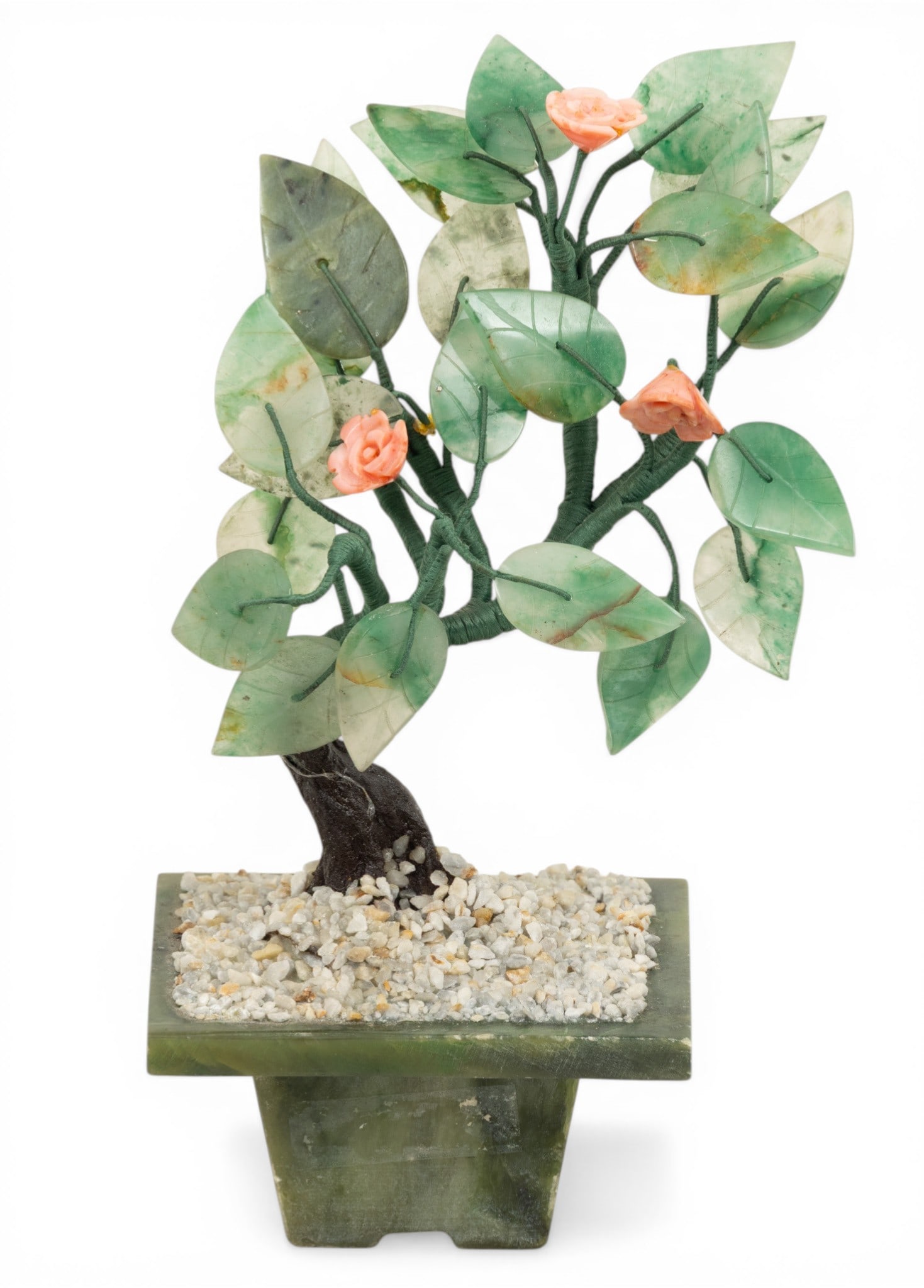 Chinese Jade and Coral Bonsai Tree in Serpentine Pot Late 20th C., H 7" W 3": Chinese Jade and Coral Bonsai Tree in Serpentine Pot Late 20th C., H 7" W 3" Three pink coral flowers, Jade carved leaves. Purchased in China. Provenance: Property of a Prominent Grosse Pointe,