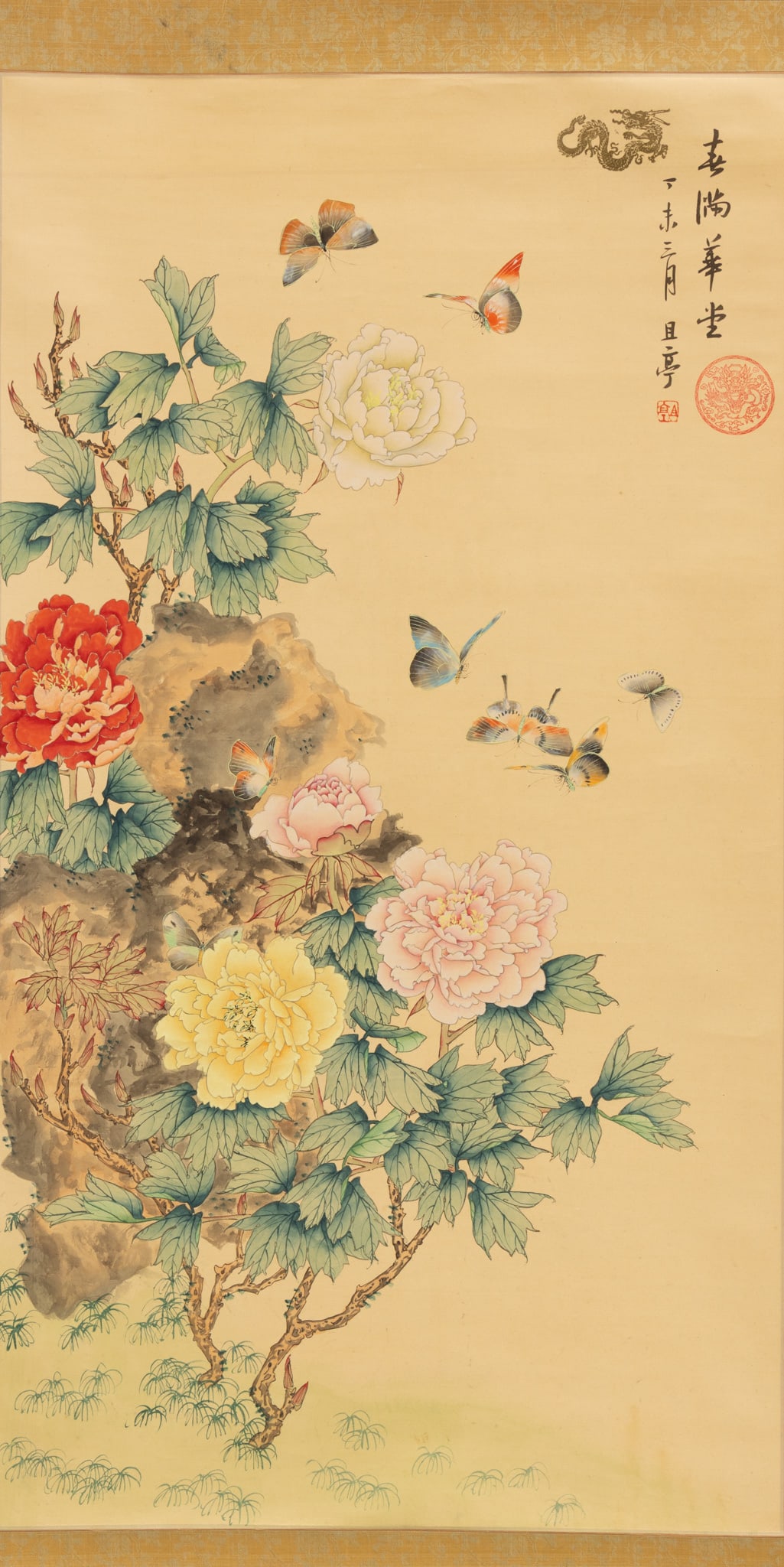 Chinese Watercolor and Gouache on Paper Hanging Scroll, 20th C., H 37" W 20": Chinese Watercolor and Gouache on Paper Hanging Scroll, 20th C., H 37" W 20" Spring theme hanging scroll with butterflies among blossoming chrysanthemums. Calligraphy characters and red seals in the u