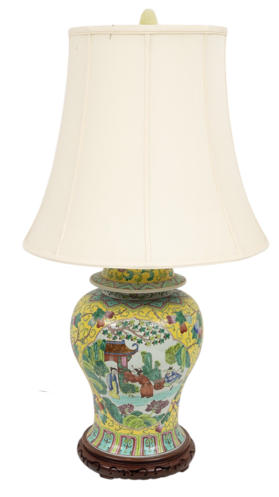 Chinese Porcelain Ginger Jar Mounted As a Table Lamp 20th C., H 16" Dia. 11": Chinese Porcelain Ginger Jar Mounted As a Table Lamp 20th C., H 16" Dia. 11" With shade and teak base. Overall H 34". Mandarin Rose pattern. Provenance: Property from the Estate of Charles Deli