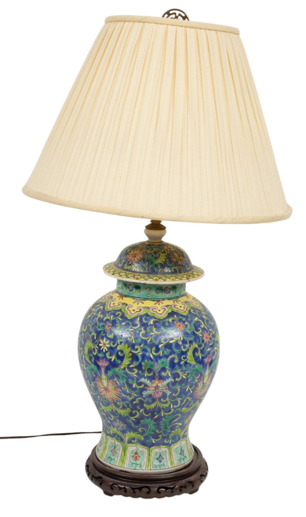 Chinese Porcelain Covered Ginger Jar Mounted As a Lamp H 16" Dia. 9": Chinese Porcelain Covered Ginger Jar Mounted As a Lamp H 16" Dia. 9" With shade and teak base. Overall H 30". Blue ground with overall flower blossom and leaf design. Provenance: Property from