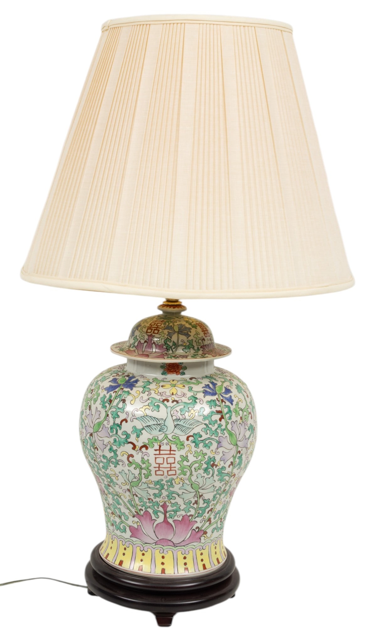 Chinese Porcelain Covered Ginger Jar Mounted As a Lamp 20th C., H 16" Dia. 11": Chinese Porcelain Covered Ginger Jar Mounted As a Lamp 20th C., H 16" Dia. 11" With shade. Overall H 36". Teakwood base. Provenance: Property from the Estate of Charles Delia, Grosse Pointe Woo