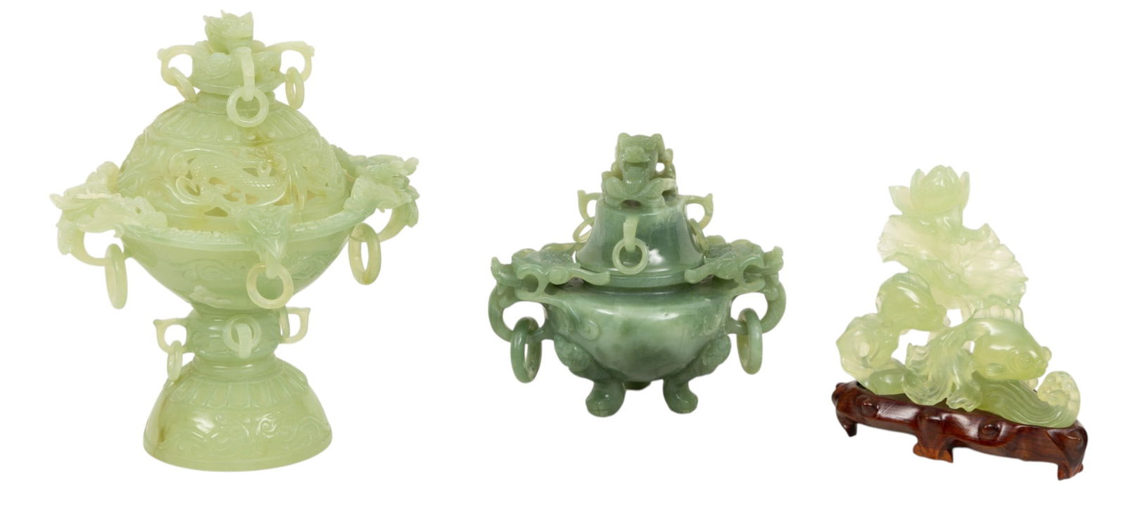 Chinese Hand Carved Hardstone Grouping 20th C., 3 PCS: Chinese Hand Carved Hardstone Grouping 20th C., 3 PCS Consisting of two covered censors and one full relief sculpture. Serpentine covered double handle vase with cover, 6" X 6" 4"; serpentine covered