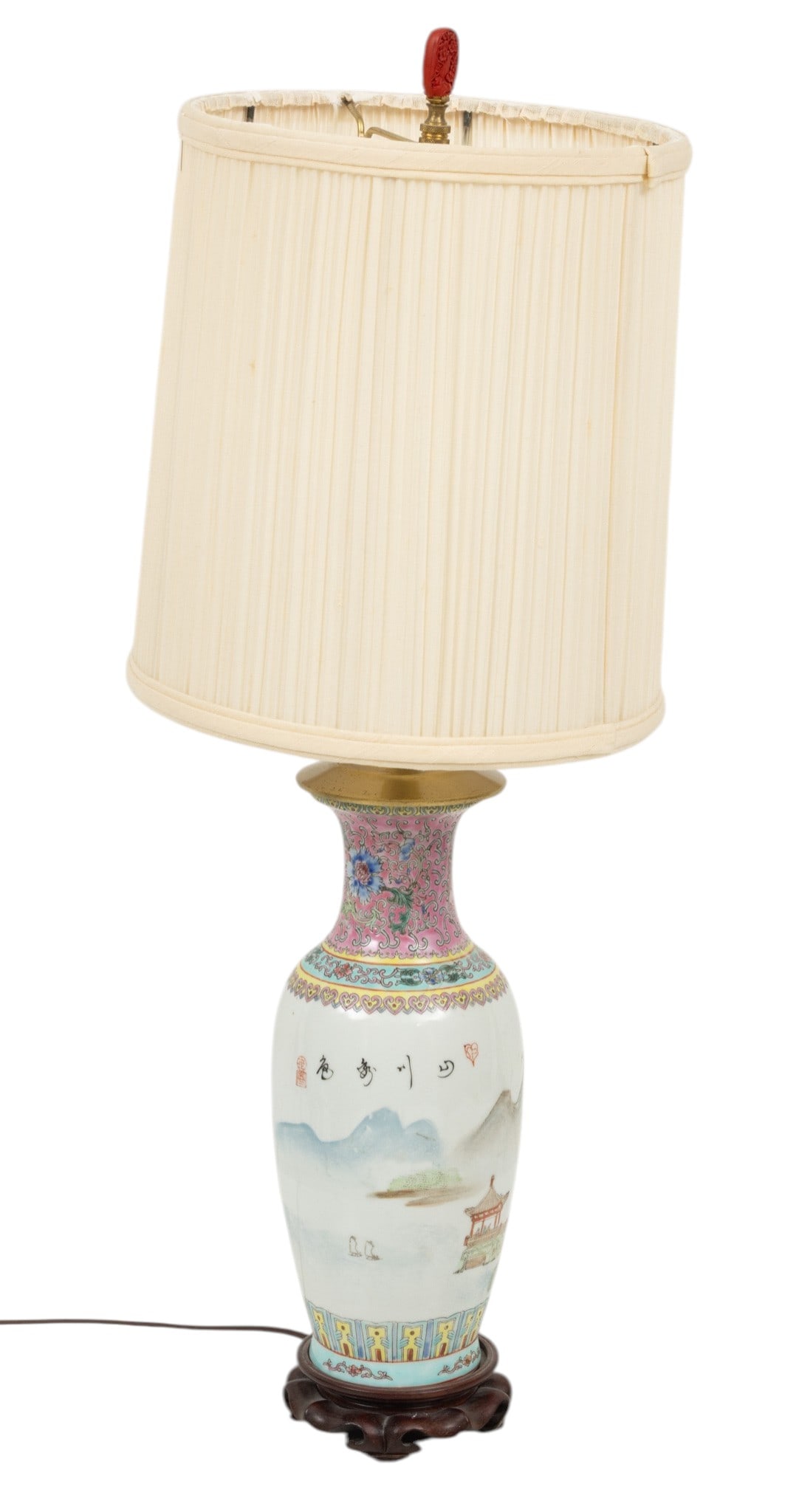 Chinese Porcelain Lobed Vase Now Mounted As a Lamp 20th C., H 12" Dia. 5": Chinese Porcelain Lobed Vase Now Mounted As a Lamp 20th C., H 12" Dia. 5" Hand painted scene of Guilin. With shade and teak base. Overall H 26". Provenance: Property from the Estate of Charles Delia,