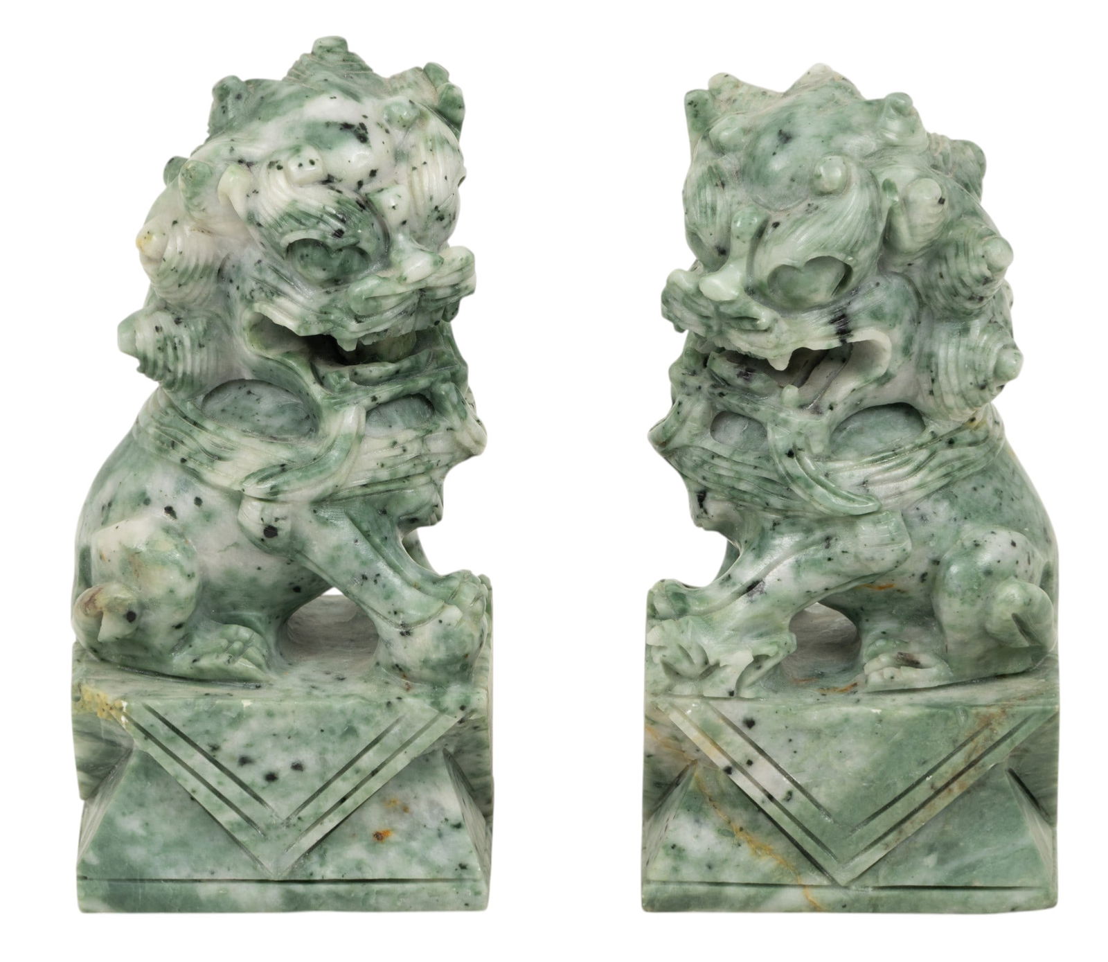 Chinese Hand Carved Marble Foo Lions 20th C., H 7.5" W 3" L 4": Chinese Hand Carved Marble Foo Lions 20th C., H 7.5" W 3" L 4" Hand carved green marble depicting male and female foo lions on plinths. Provenance: Property from the Estate of Charles Delia, Gr