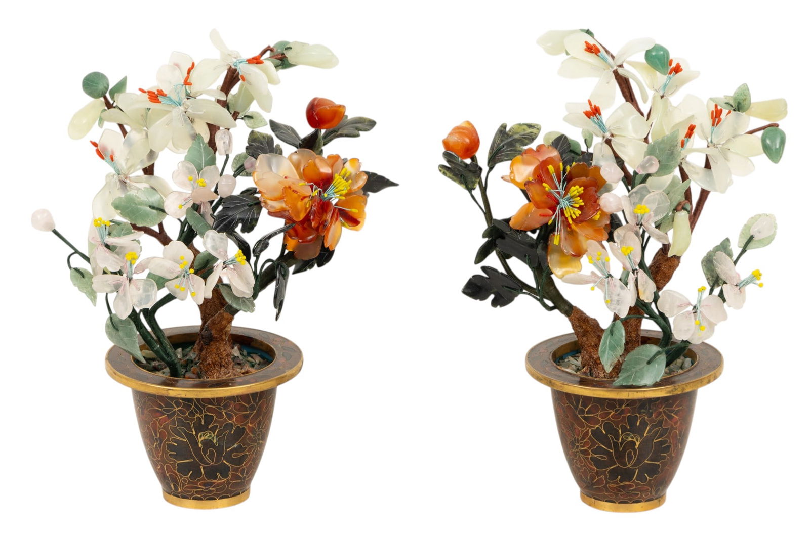 Chinese Cloisonne and Hardstone Trees 20th C., H 8" Dia. 6" 1 PAIR: Chinese Cloisonne and Hardstone Trees 20th C., H 8" Dia. 6" 1 PAIR Carved hardstone flowering trees in cloisonne Pots. Provenance: Property from the Estate of Charles Delia, Grosse Pointe Woods