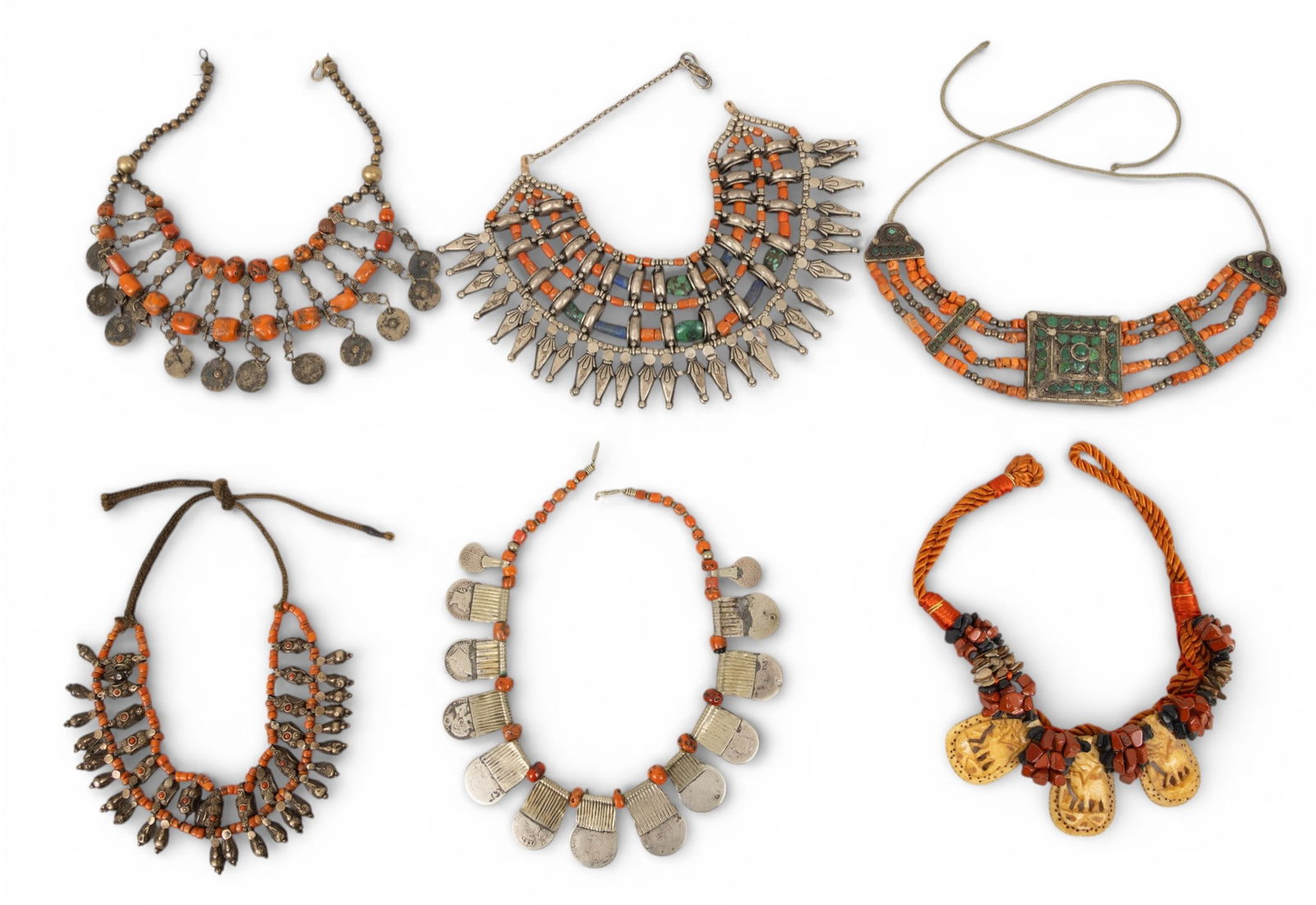 Carved Bone and Hardstone Beaded Necklace and Five Yemeni Coral and Silver Necklaces 6 PCS: Carved Bone and Hardstone Beaded Necklace and Five Yemeni Coral and Silver Necklaces 6 PCS One carved bone and multi-strand hardstone necklace on a twisted silk cord with five Yemeni coral and silver