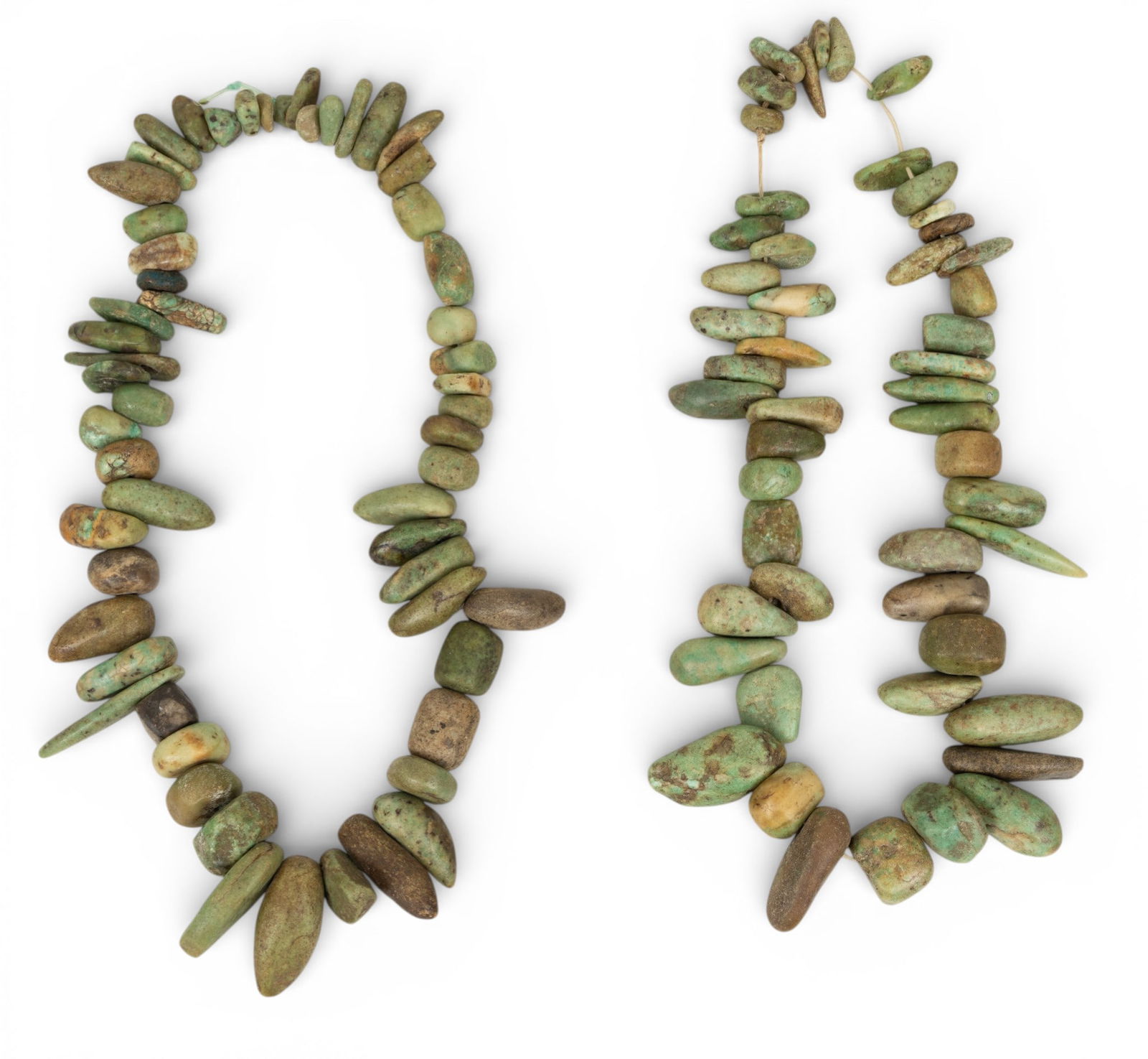 Two Large Stone Trade Bead Necklaces L 22" 2 PCS: Two Large Stone Trade Bead Necklaces L 22" 2 PCS Two trade bead necklaces having large, greenish stone beads. Provenance: Property from a Midland, MI private collector Dimensions: Stone Necklac