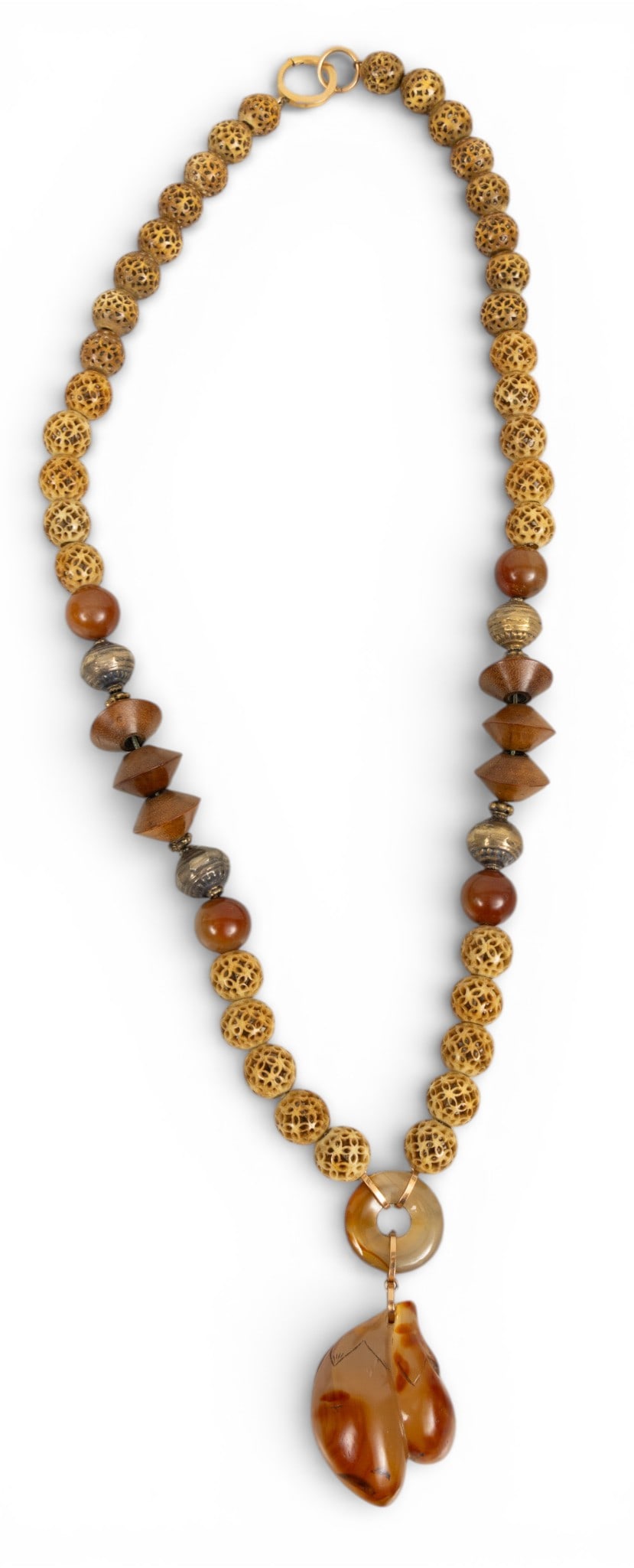 Ruth Frank (American, 1921-2021) Vermeil Silver, Wood, Agate, and Walrus Bone Necklace L 28": Ruth Frank (American, 1921-2021) Vermeil Silver, Wood, Agate, and Walrus Bone Necklace L 28" Antique Chinese carved agate fruit, ring, beads, and carved walrus bone beads from a mandarin's necklace of