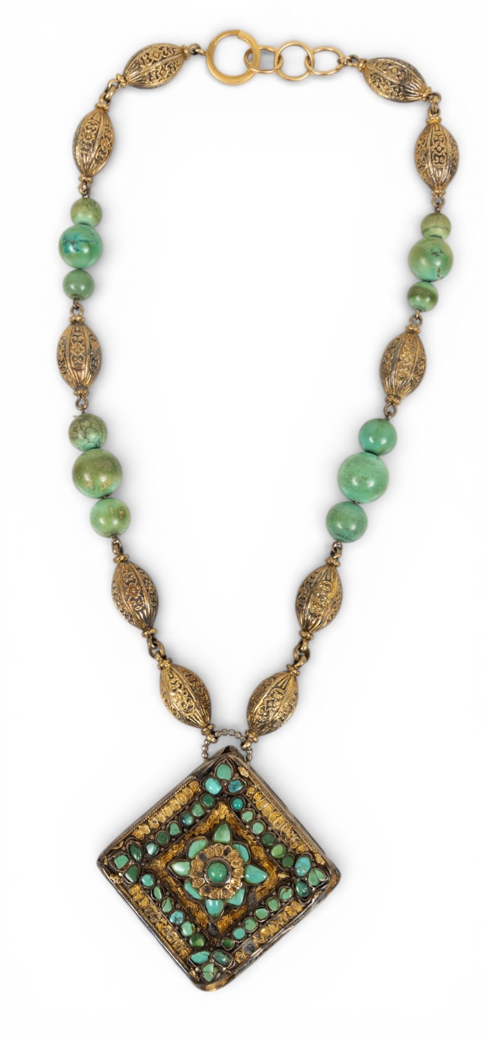 Ruth Frank (American, 1921-2021) Silver and Turquoise Necklace L 20": Ruth Frank (American, 1921-2021) Silver and Turquoise Necklace L 20" An antique Tibetan silver, vermeil and turquoise ghau (prayer box) with antique Chinese turquoise beads from a mandarin's necklace