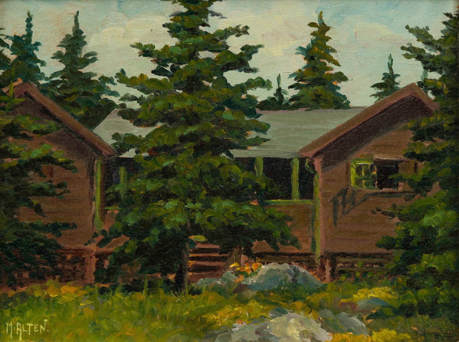 Mathias J. Alten (American, 1871-1938) Oil on Artist Board, Ca. 1934, 'Cabin in Michigan Woods', H: Mathias J. Alten (American, 1871-1938) Oil on Artist Board, Ca. 1934, 'Cabin in Michigan Woods', H 7.5" W 10" Signed lower left. Summer scene of a cabin nestled between pine trees in the woods of Mich
