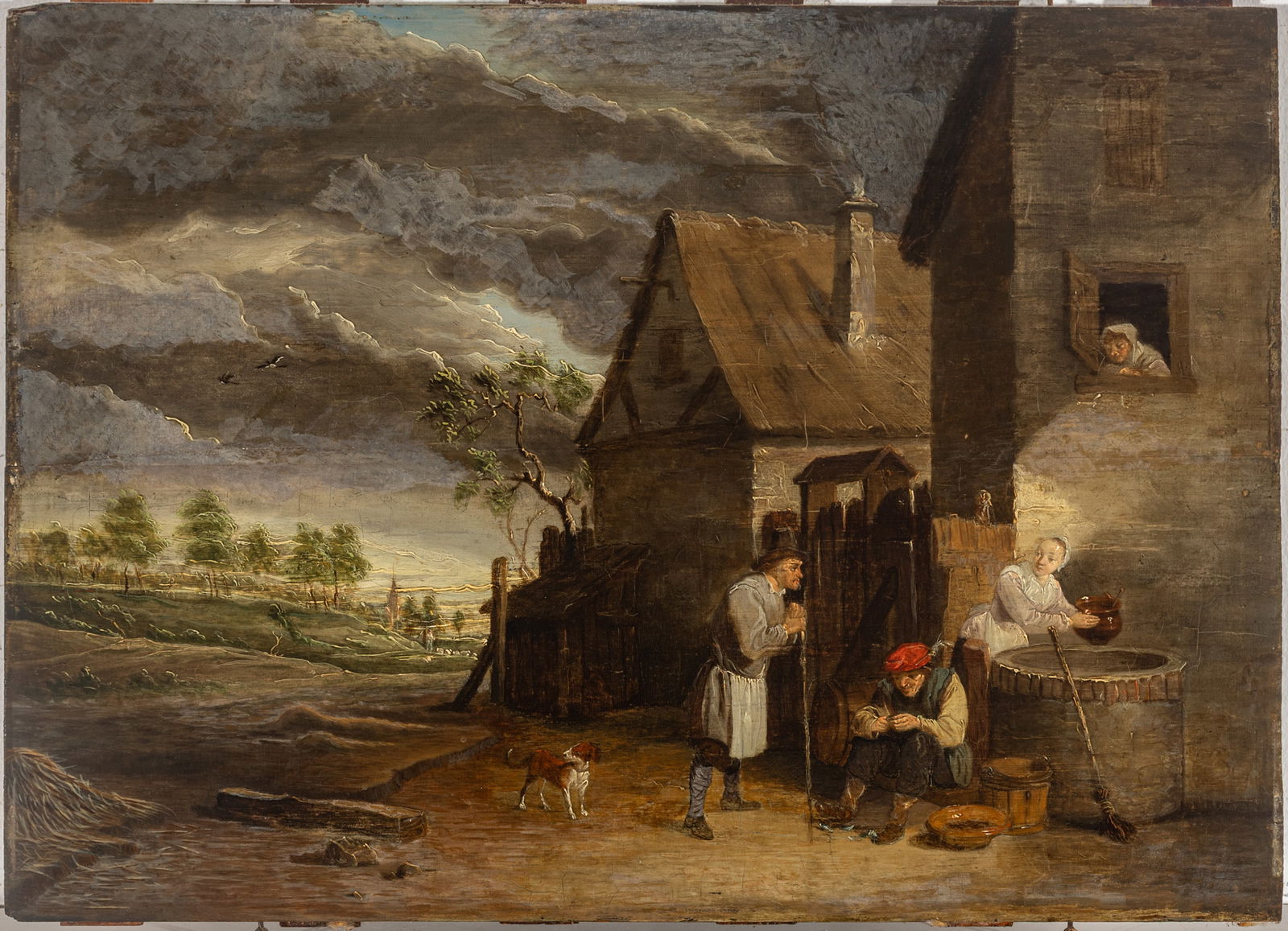 In the Manner of David Teniers the Younger (Flemish, 1610-1690) Oil on Panel, Ca. 17th/18TH C.,: In the Manner of David Teniers the Younger (Flemish, 1610-1690) Oil on Panel, Ca. 17th/18TH C., 'Village Scene with a Man Eating Mussels', H 15.5" W 20.75" Possible partial signature on the log, lower