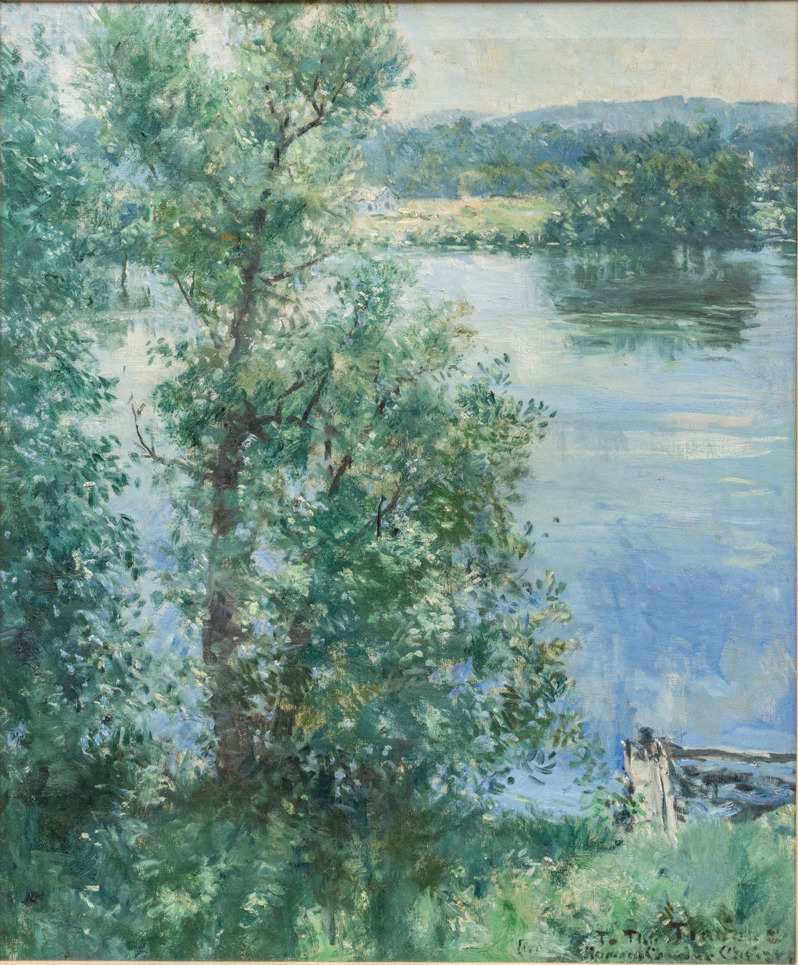 Howard Chandler Christy (American, 1872-1952) Oil on Canvas, Ca. 1945-1950, 'Blue Water Landscape',: Howard Chandler Christy (American, 1872-1952) Oil on Canvas, Ca. 1945-1950, 'Blue Water Landscape', H 29" W 25" Frame Size: H 39" W 33.5" Signed and inscribed lower right. Depicts a verdant summer lan