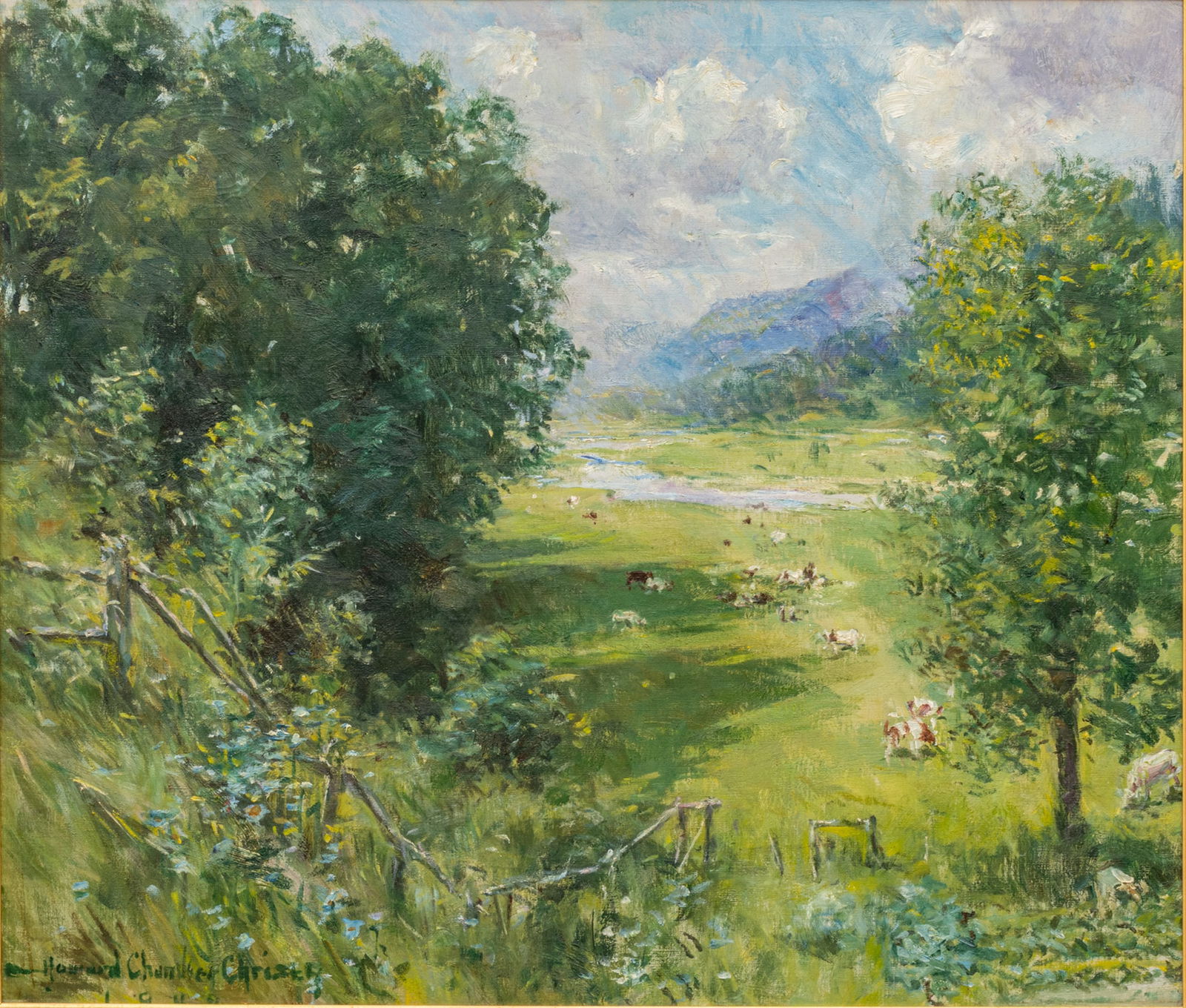 Howard Chandler Christy (American, 1872-1952) Oil on Canvas, Ca. 1949, 'Valley View', H 30" W 35.25": Howard Chandler Christy (American, 1872-1952) Oil on Canvas, Ca. 1949, 'Valley View', H 30" W 35.25" Frame Size: H 37.5" W 42.5" Signed lower left and dated 1949. Summer landscape depicting animals gr