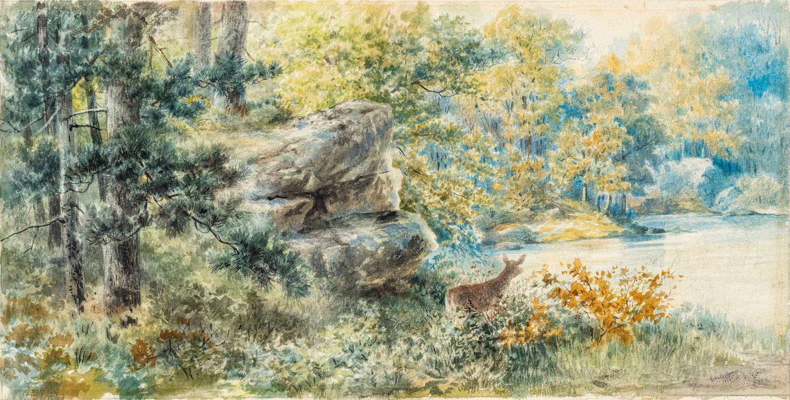 Edmund Henry Osthaus (American, 1858-1928) Watercolor on Paper 1888, 'Deer in an Ohio Landscape', H: Edmund Henry Osthaus (American, 1858-1928) Watercolor on Paper 1888, 'Deer in an Ohio Landscape', H 12" W 23" Signed lower right and dated 1888. Depicting a deer in a lush riverside forest clearing.&n