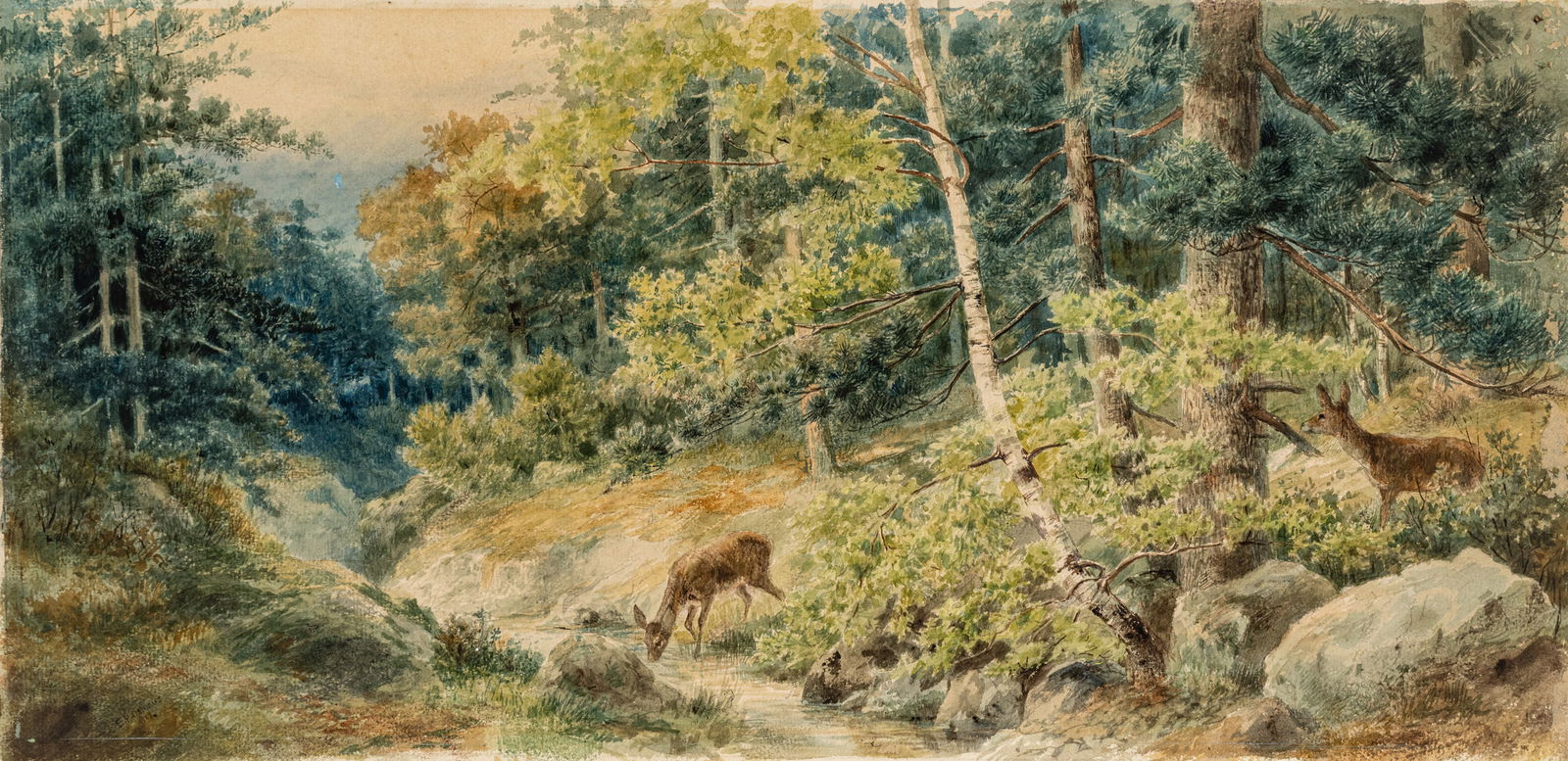 Edmund Henry Osthaus (American, 1858-1928) Watercolor on Paper 1888, 'Two Deer in an Ohio: Edmund Henry Osthaus (American, 1858-1928) Watercolor on Paper 1888, 'Two Deer in an Ohio Landscape', H 12" W 23" Depicting two deer drinking from an Ohio river. Signed lower left and dated 1888. 