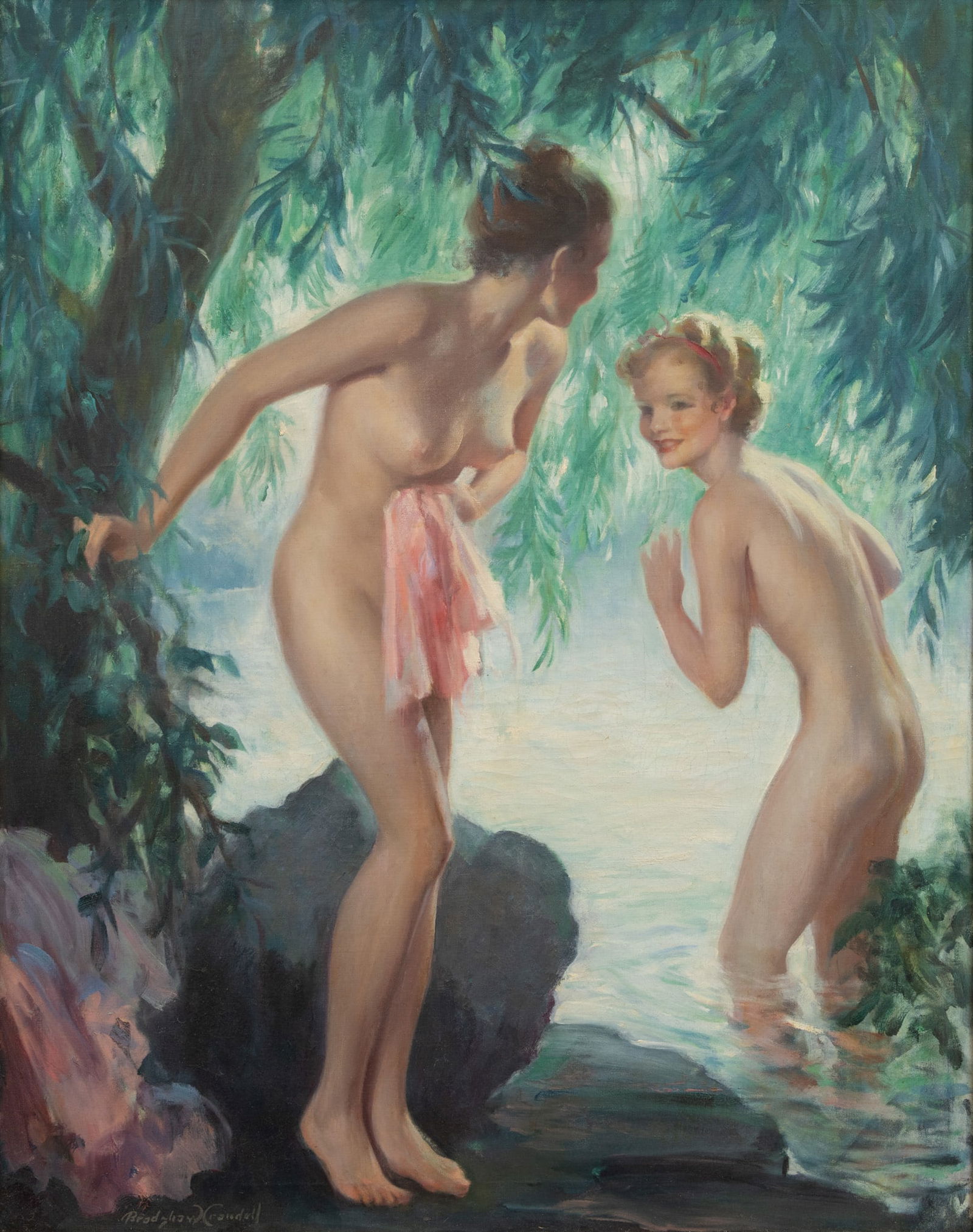 Bradshaw Crandell (American, 1896-1966) Oil on Canvas, Ca. 1936, 'Water Nymphs', H 35" W 27.25": Bradshaw Crandell (American, 1896-1966) Oil on Canvas, Ca. 1936, 'Water Nymphs', H 35" W 27.25" Signed lower left. Depicting two semi-nude young beauties bathing in the cool waters below the shade of