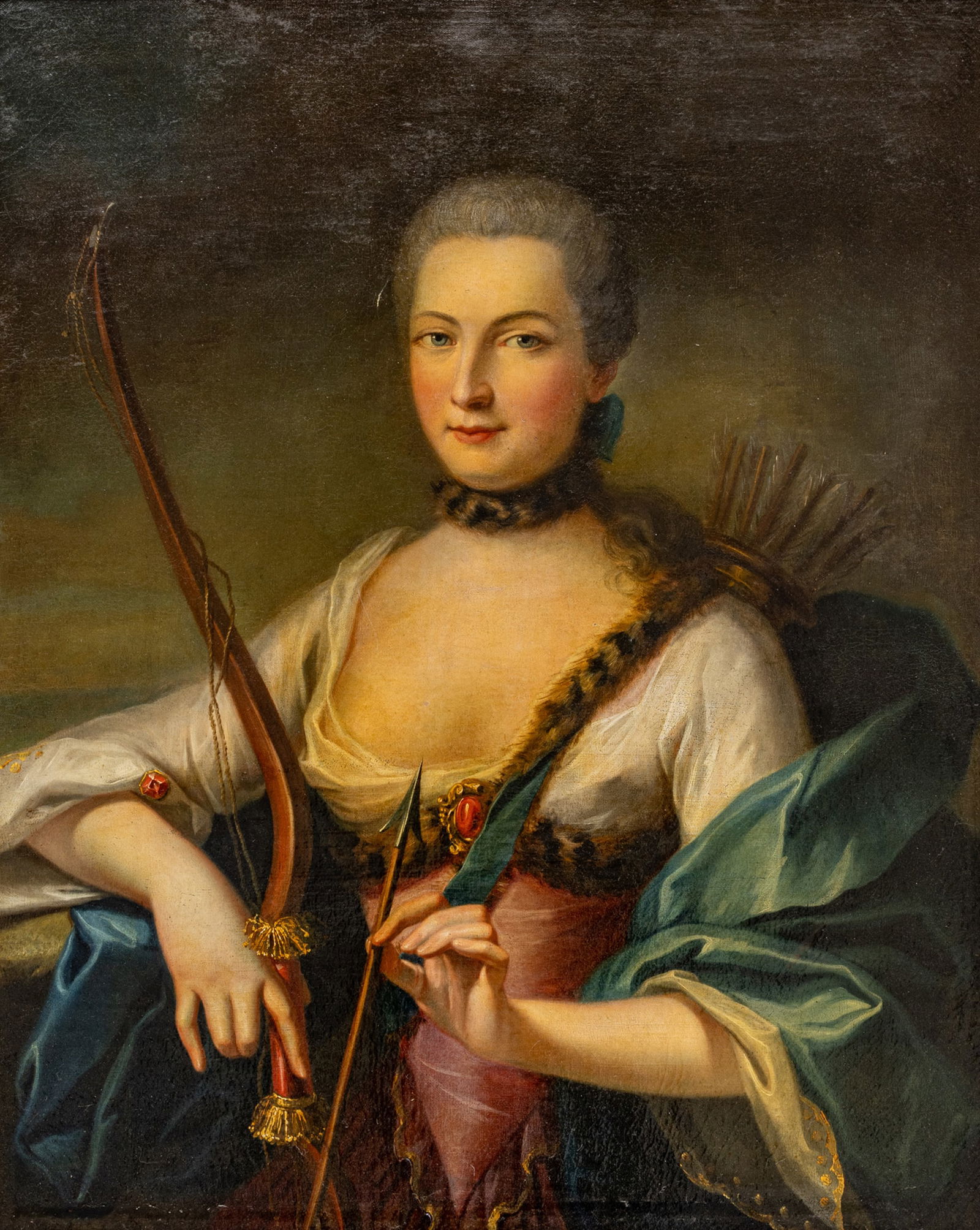Attributed to Henri-Pierre Danloux (French, 1753-1809) Oil on Canvas, Ca. Late 18th C., 'La Comtesse: Attributed to Henri-Pierre Danloux (French, 1753-1809) Oil on Canvas, Ca. Late 18th C., 'La Comtesse De Romagnesi En Diane', H 32" W 25.75" Unsigned. Half length portrait of a noblewoman in the costum