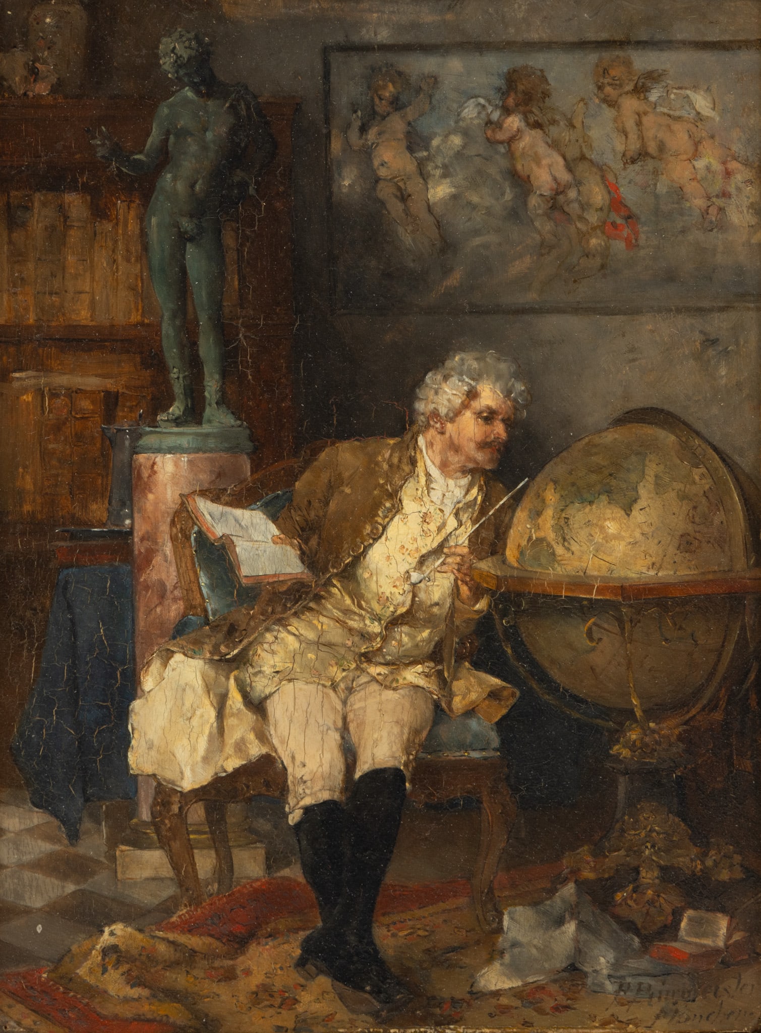 Paul Burmeister (German, 1847-1923) Oil on Cradled Panel, Ca. 1880s, 'Around the Globe', H 10.25" W: Paul Burmeister (German, 1847-1923) Oil on Cradled Panel, Ca. 1880s, 'Around the Globe', H 10.25" W 7.5" Signed lower right, with a location of München. Depicting a gentleman seated in his well a