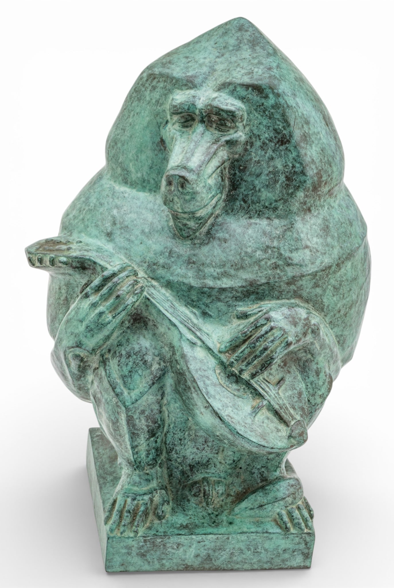 Marshall Maynard Fredericks (American, 1908-1998) Bronze Sculpture 'Baboon Playing a Mandolin', H: Marshall Maynard Fredericks (American, 1908-1998) Bronze Sculpture 'Baboon Playing a Mandolin', H 14.5" W 10" Depth 9" Having a green patina. Signed verso at base. The baboon played a major role in Fr