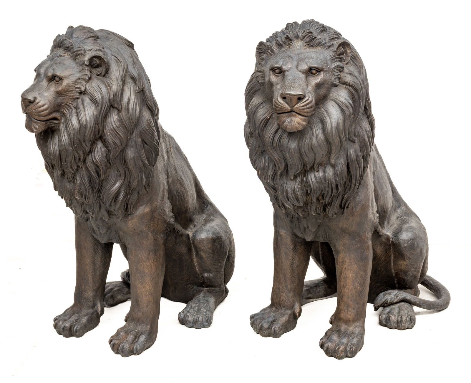 Fine Pair of Monumental Bronze Guardian Lions 20th C., H 54" W 42" Depth 21" 1 PAIR: Fine Pair of Monumental Bronze Guardian Lions 20th C., H 54" W 42" Depth 21" 1 PAIR Fine quality lost wax casting of a life-size pair of a matched opposing bronze guardian lions. Provenance: Pr