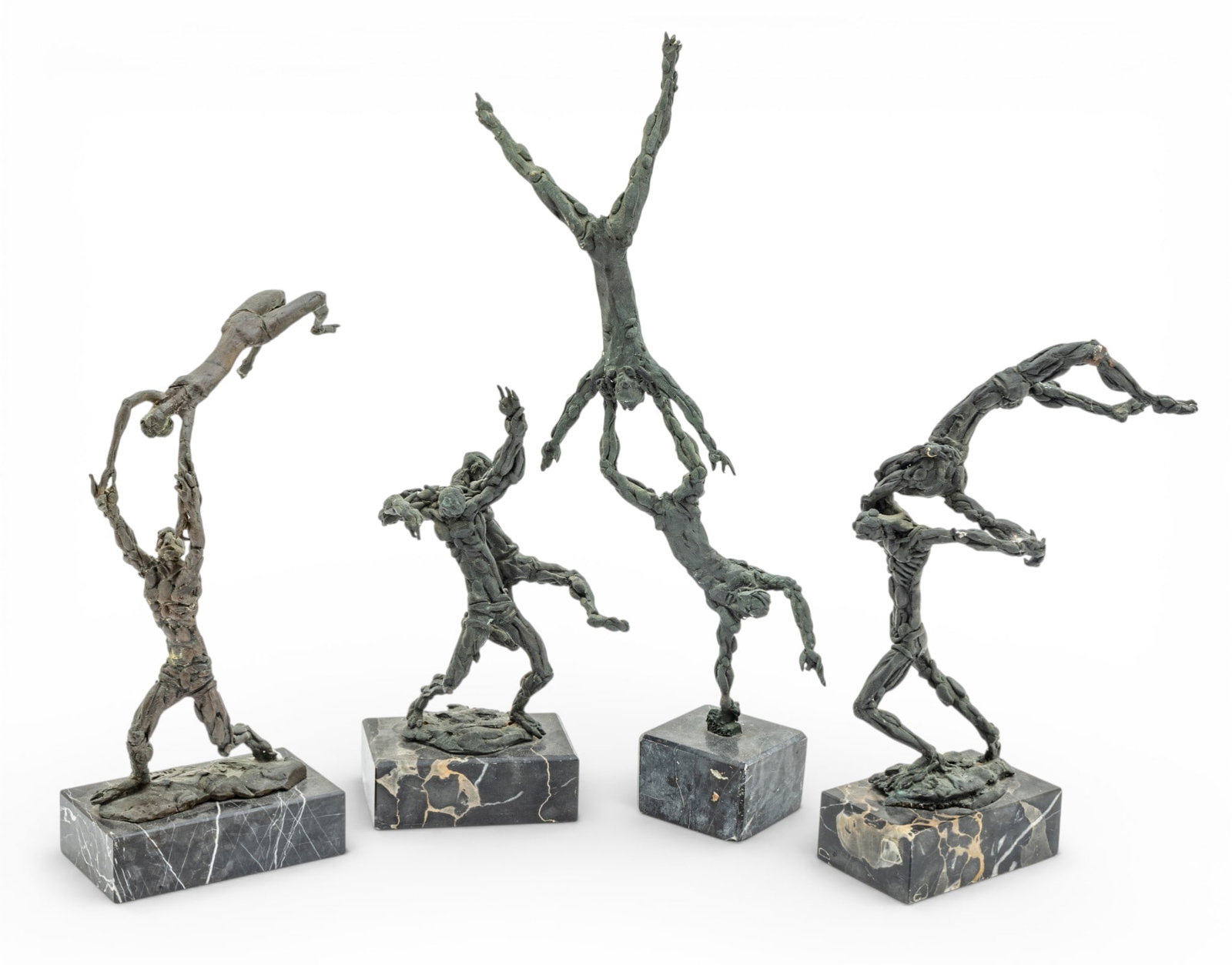 Frank Eliscu (American, 1912-1996) Bronze Sculptures 1960, 'Acrobats', H 14" 4 PCS: Frank Eliscu (American, 1912-1996) Bronze Sculptures 1960, 'Acrobats', H 14" 4 PCS Four sculptures with brown patinas depicting acrobats, male and female, performing feats of agility and strength. Eac