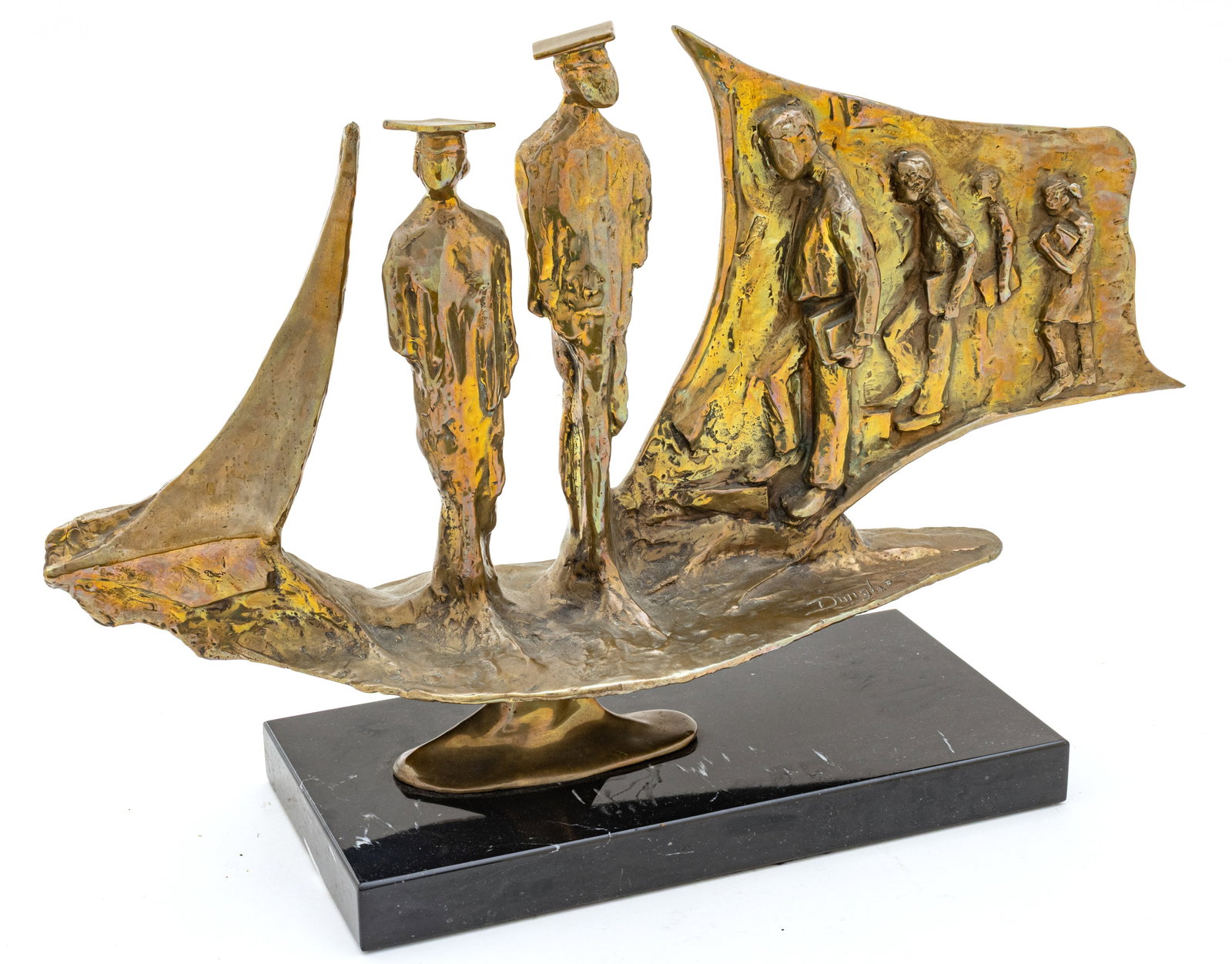 Ed Dwight (American, B. 1933) Bronze Sculpture 'Education Ship', H 14" W 23" Depth 6": Ed Dwight (American, B. 1933) Bronze Sculpture 'Education Ship', H 14" W 23" Depth 6" Bronze with a burnished gold patina depicting graduates and young scholars boarding a ship to higher education and