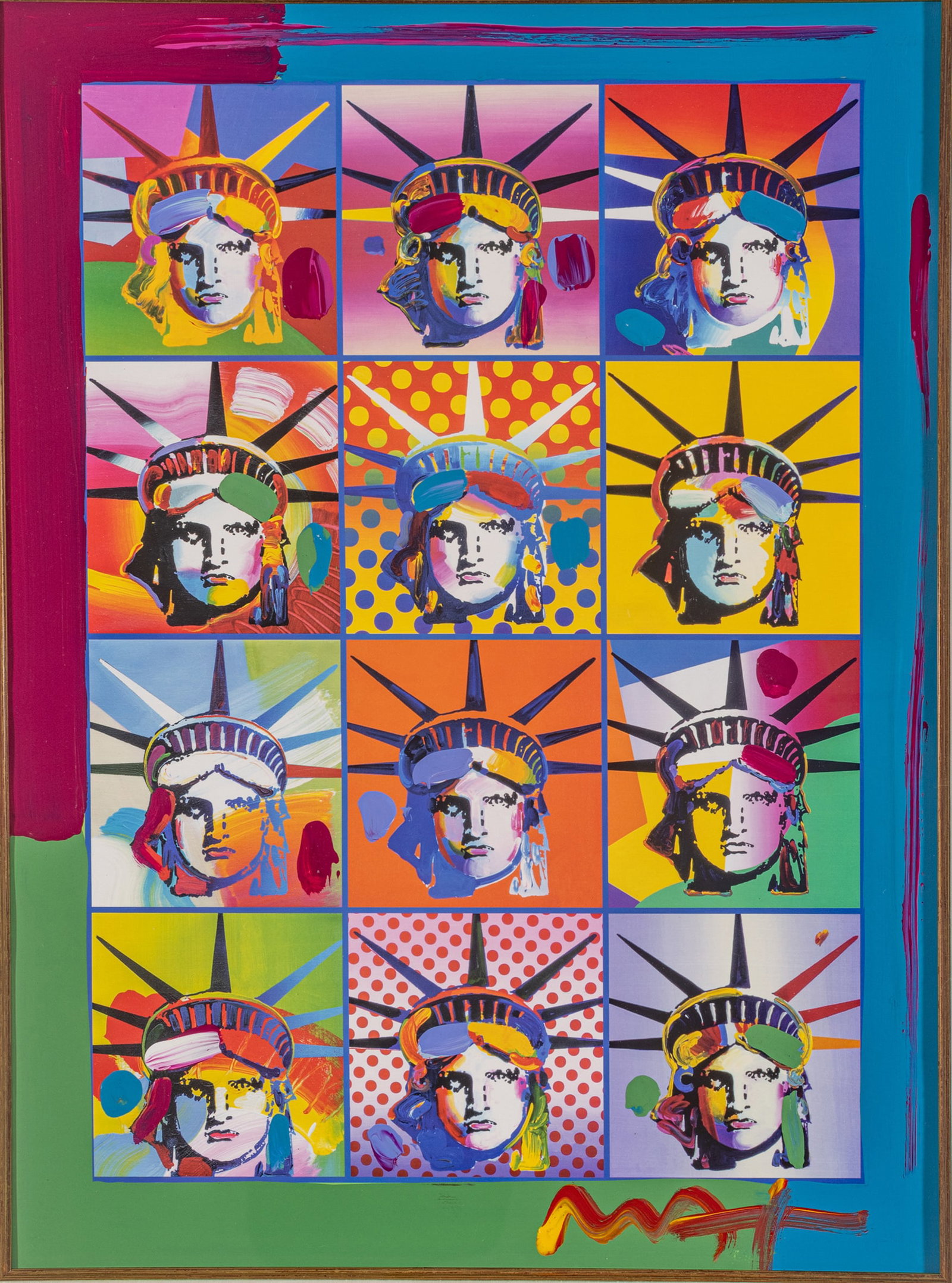 Peter Max (American, B. 1937) Mixed Media on Paper, 'Liberty and Justice', H 23" W 17": Peter Max (American, B. 1937) Mixed Media on Paper, 'Liberty and Justice', H 23" W 17" Signed in acrylic lower right. Acrylic paint over lithograph in colors on wove paper. Matted and framed under acr