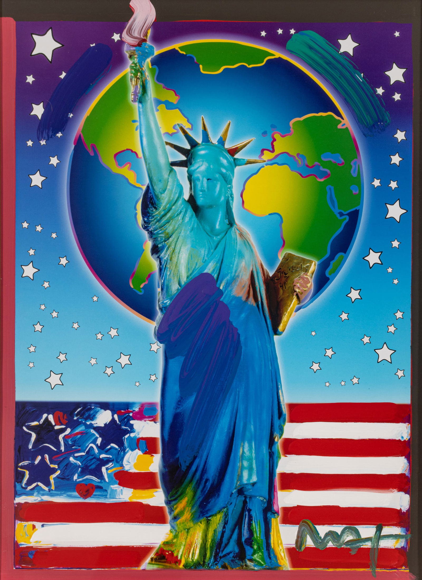 Peter Max (American, B. 1937) Mixed Media on Paper 'Peace on Earth II', H 23" W 17": Peter Max (American, B. 1937) Mixed Media on Paper 'Peace on Earth II', H 23" W 17" Signed in acrylic lower right. Acrylic paint over lithograph in colors on wove paper. Matted and framed