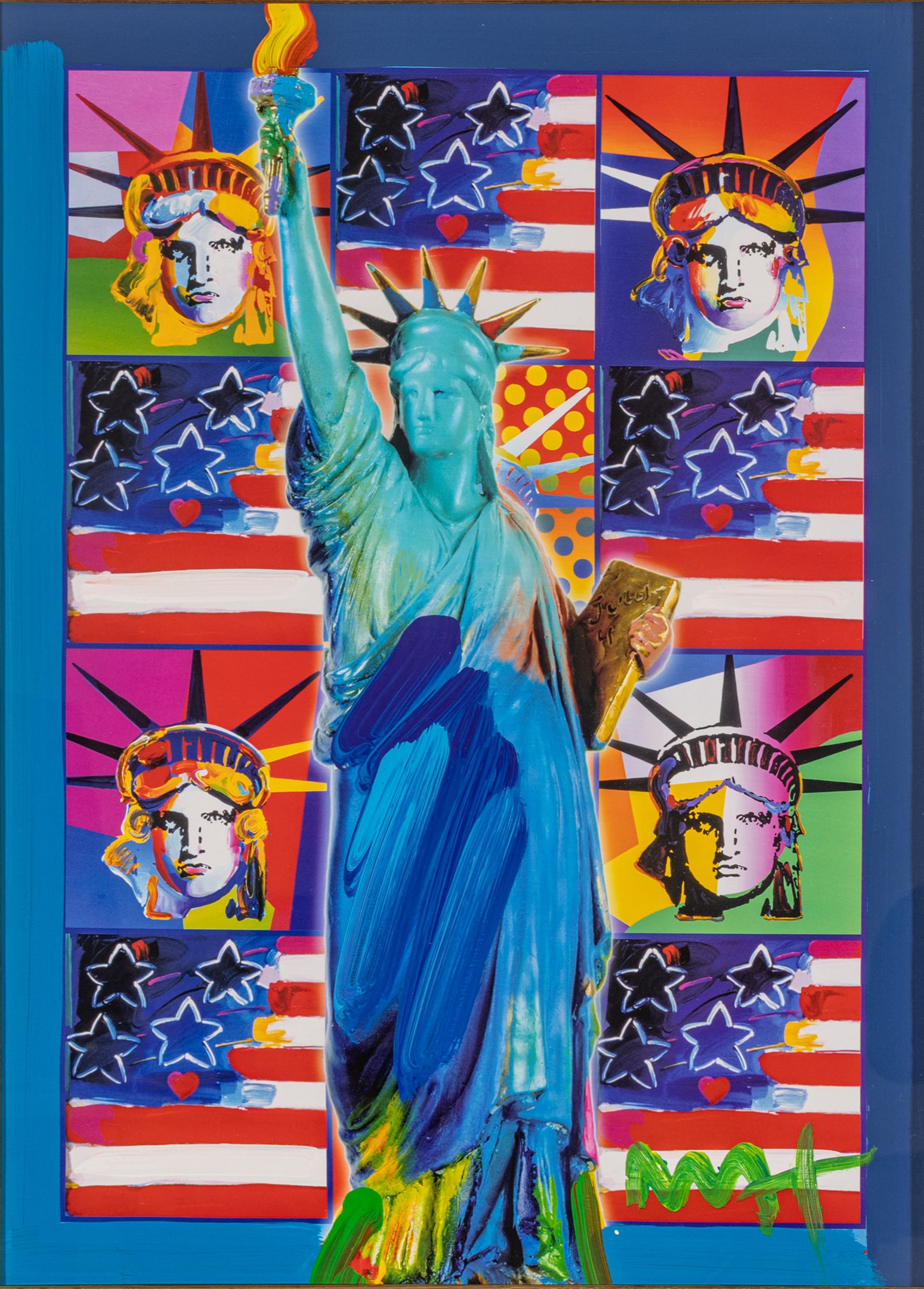 Peter Max (American, B. 1937) Mixed Media on Paper, 'God Bless America III', H 23" W 17.5": Peter Max (American, B. 1937) Mixed Media on Paper, 'God Bless America III', H 23" W 17.5" Signed in acrylic lower right. Acrylic paint over lithograph in colors on wove paper. Matted and