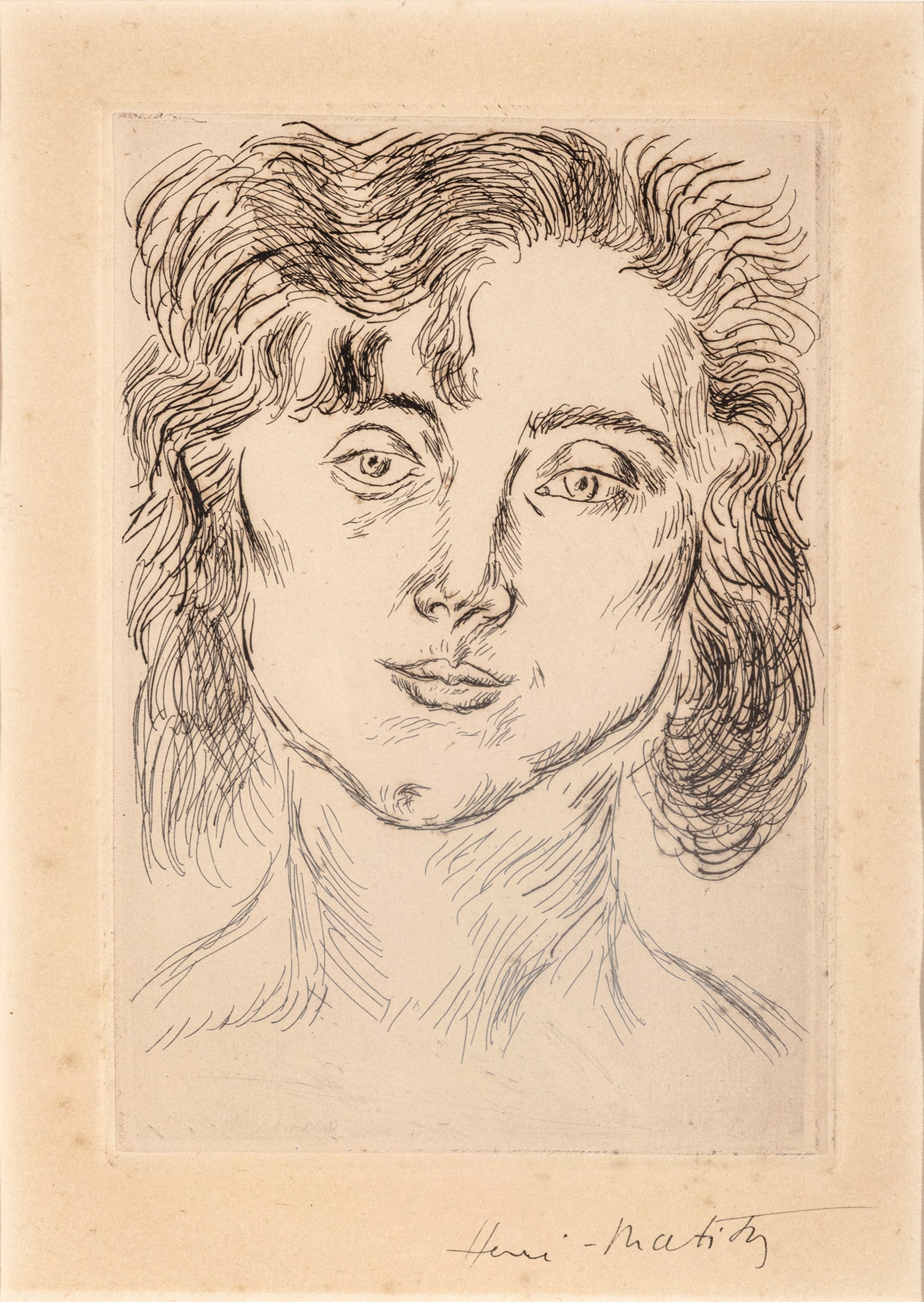 Henri Matisse (French, 1869-1954) Etching, with Chine-appliqué to Wove Paper 1920, 'Mlle. M. M.: Henri Matisse (French, 1869-1954) Etching, with Chine-appliqué to Wove Paper 1920, 'Mlle. M. M. (Mademoiselle Marguerite Matisse, from the Cinquante Dessins', H 5.75" W 3.825" Signed in black ink