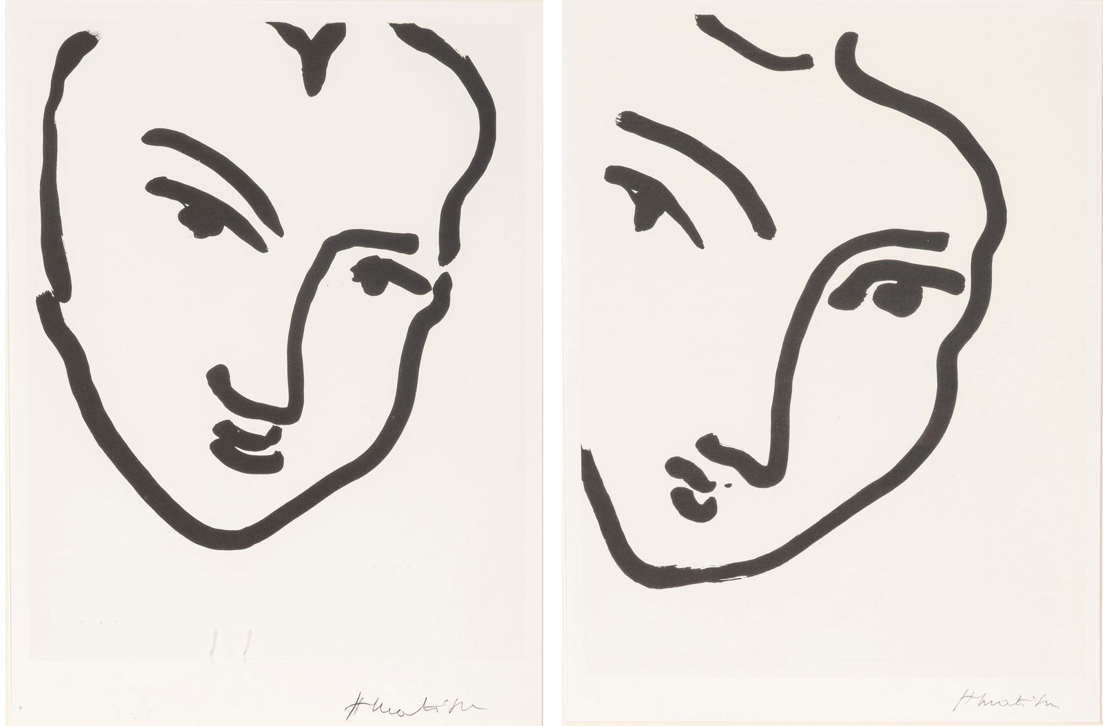 Henri Matisse (French, 1869-1954) Lithographs on Thick Heavy Wove Paper 1994-95, 'Nadia Au Visage: Henri Matisse (French, 1869-1954) Lithographs on Thick Heavy Wove Paper 1994-95, 'Nadia Au Visage Penche; Nadia Au Menton Pointu', H 15.6" W 12" 2 PCS Each bearing a facsimile signature of the artist