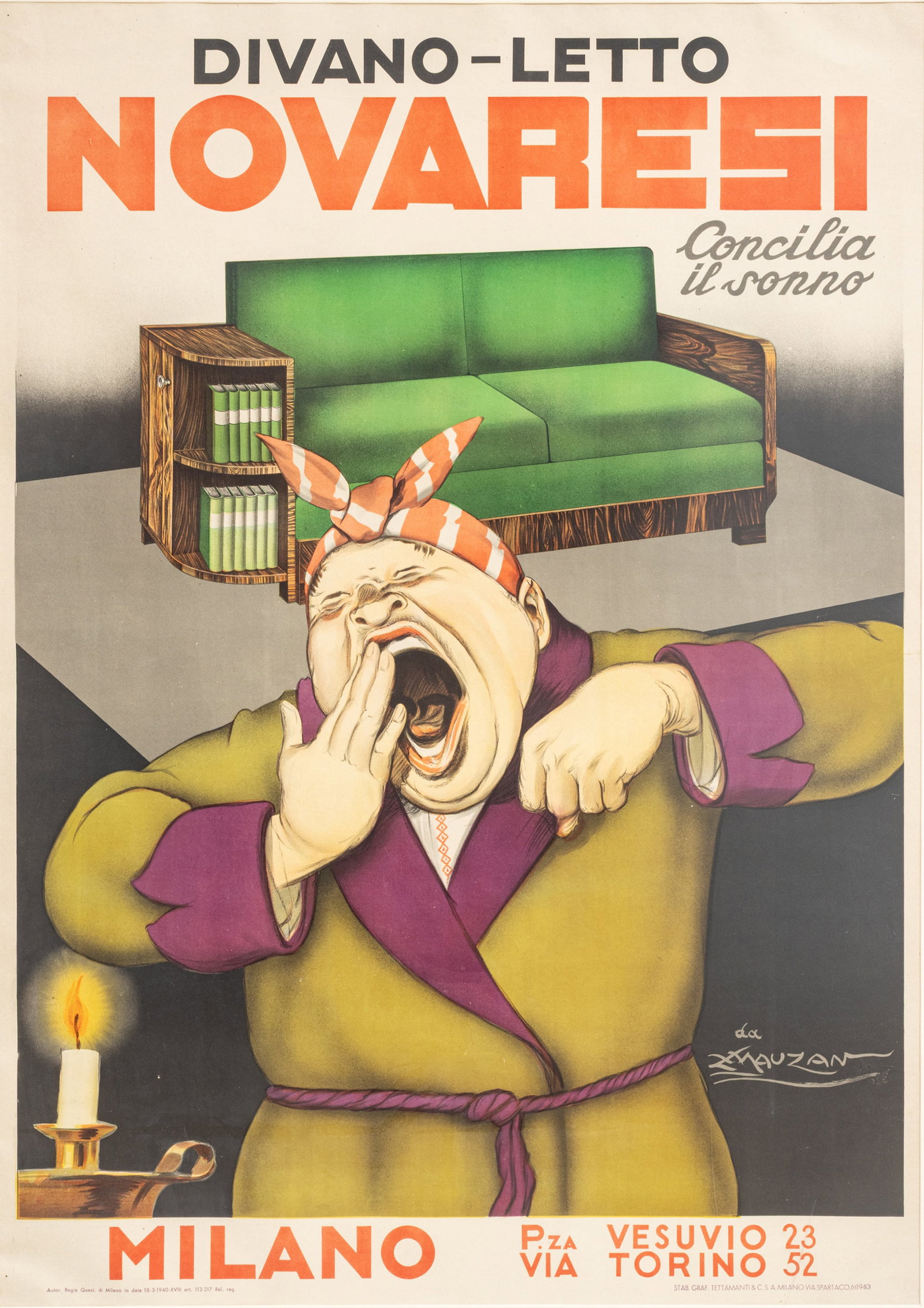 Achille Mauzan (French, 1883-1952) Diveno - Letto Novaresi Lithograph Poster, Milano 1940, H 54" W: Achille Mauzan (French, 1883-1952) Diveno - Letto Novaresi Lithograph Poster, Milano 1940, H 54" W 37" "Concilia il sonno", or induces sleep, recommending comfortable furniture to get a go