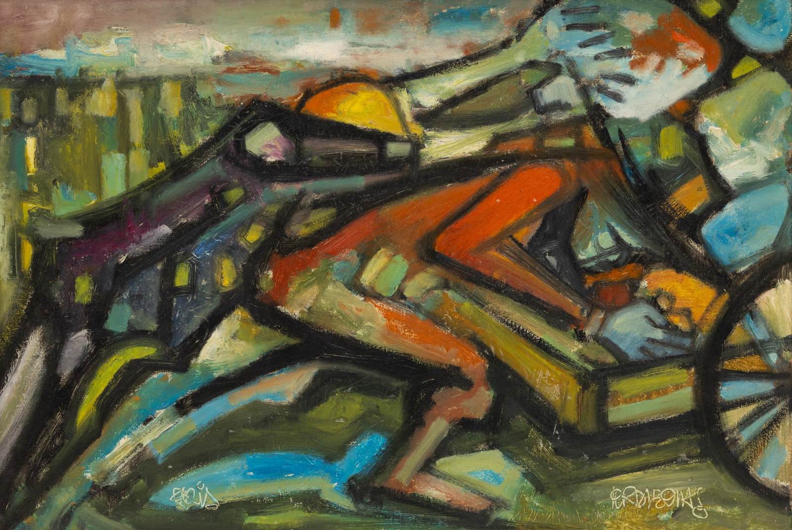 Jordi Bonas (French, 1937-2017) Figurative Oil on Canvas, Ca. 20th C., 'Untitled', H 21" W 31": Jordi Bonas (French, 1937-2017) Figurative Oil on Canvas, Ca. 20th C., 'Untitled', H 21" W 31" Signed lower right and inscribed "Paris" lower left. Signed verso "Jordi Bonas Paris". Additional inscrip