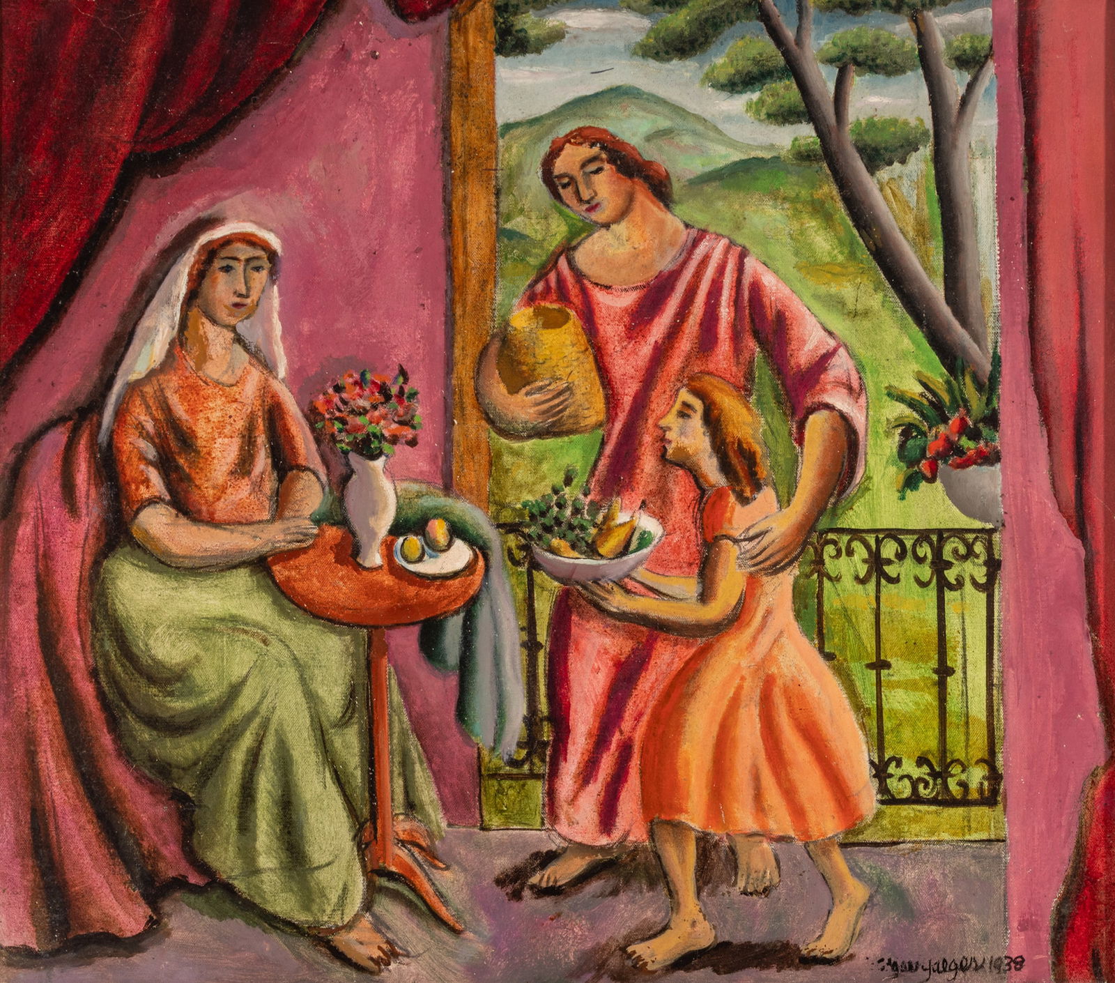 Edgar Louis Yaeger (American, 1904-1997) Oil on Canvas, 1938, 'A Mediterranean Lunch', H 24" W 26": Edgar Louis Yaeger (American, 1904-1997) Oil on Canvas, 1938, 'A Mediterranean Lunch', H 24" W 26" Signed and dated lower right. Depicting a seated woman receiving a bowl of fruit for lunch from a ser