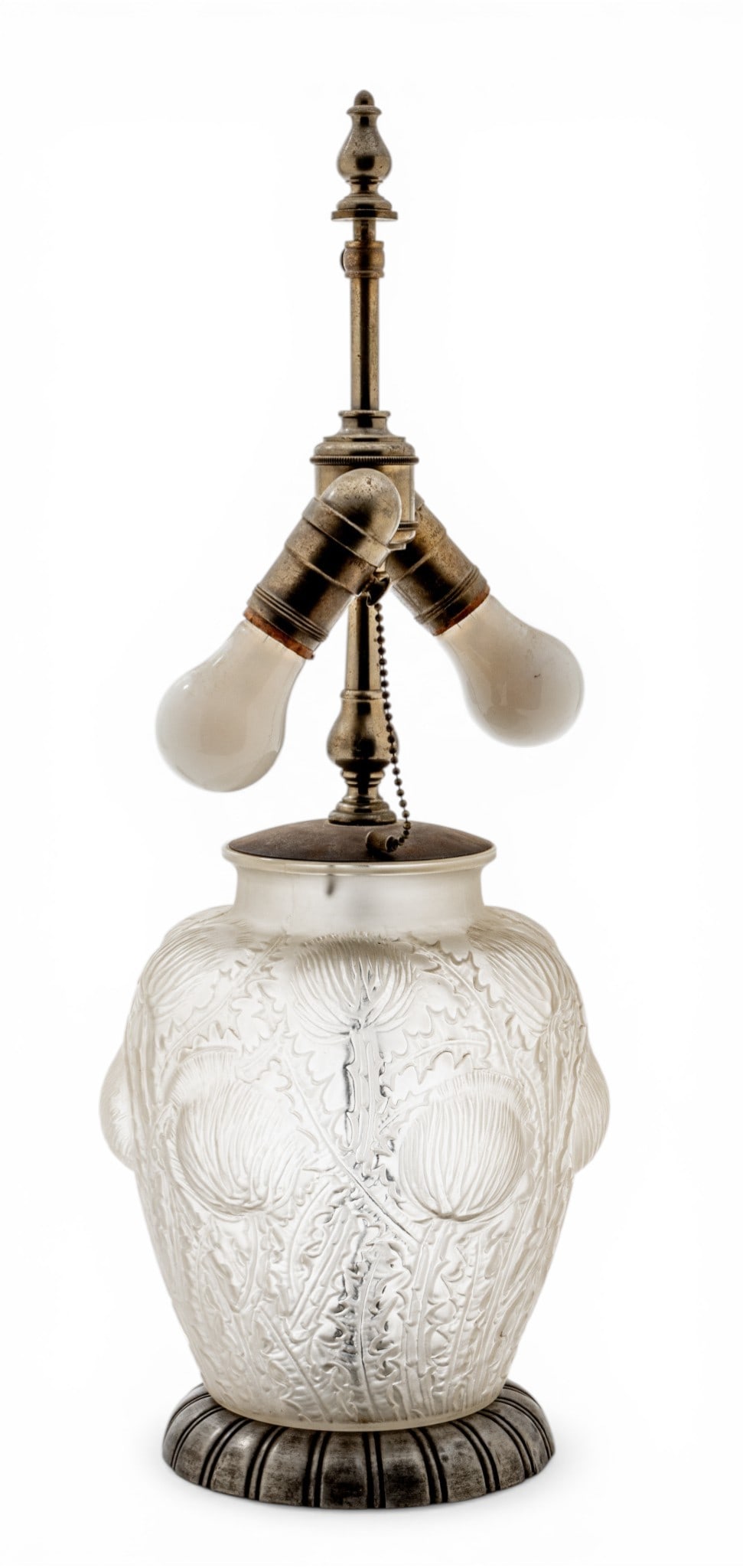 Edgar Brandt (French, 1880-1960) for Rene Lalique (French) Opalescent Domremy Lamp 1926, H 9" Dia.: Edgar Brandt (French, 1880-1960) for Rene Lalique (French) Opalescent Domremy Lamp 1926, H 9" Dia. 8" 1 PC Rene Lalique 1860 - 1945. Edgar Brandt base stamped "France" and #973. Height of vase 9" Over