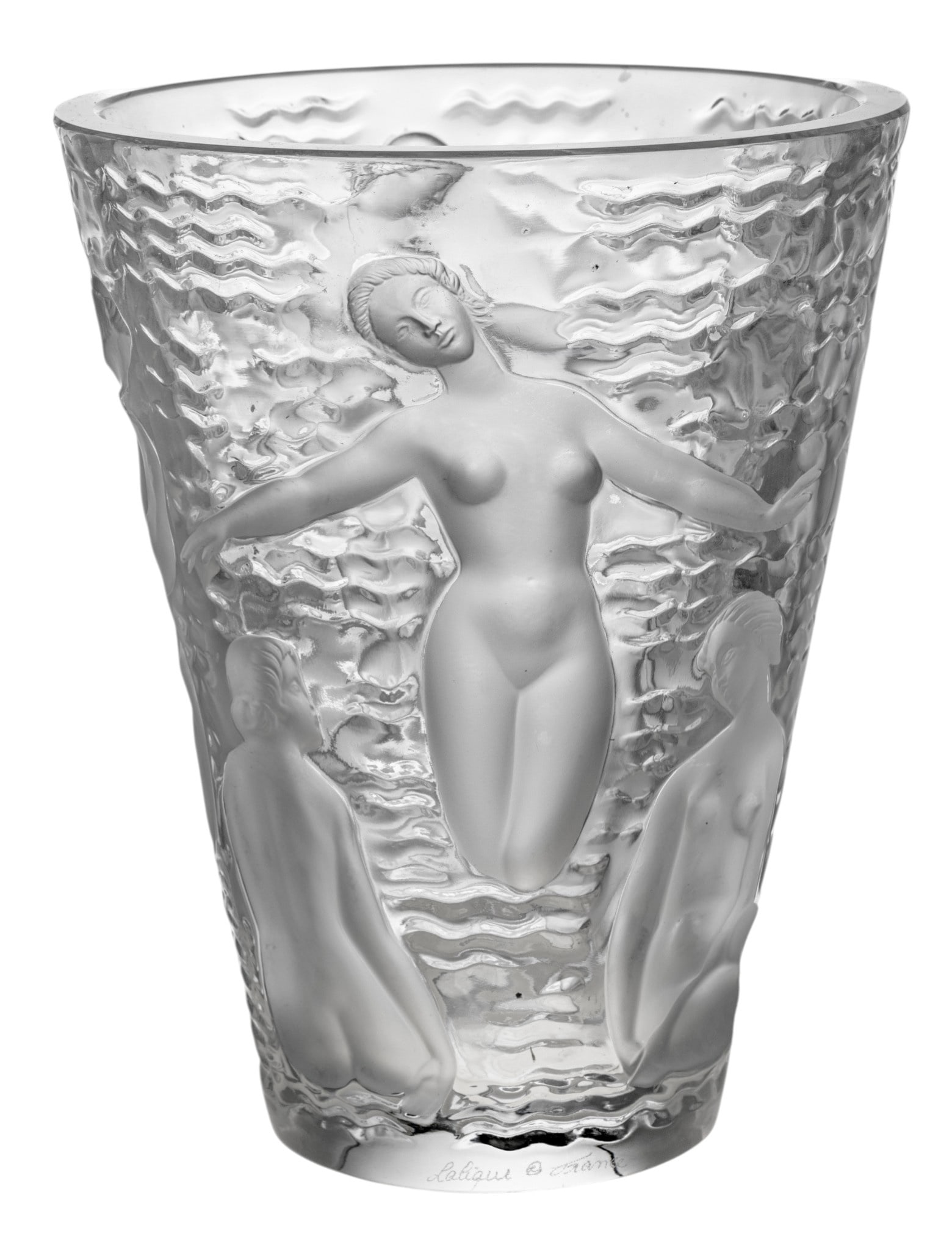 Lalique (France) Crystal Ondines Vase H 9.5" Dia. 7.5": Lalique (France) Crystal Ondines Vase H 9.5" Dia. 7.5" Frosted body with clear polished accents of female nudes. Signed a base "Lalique France". Provenance: Estate collection of William and Bet