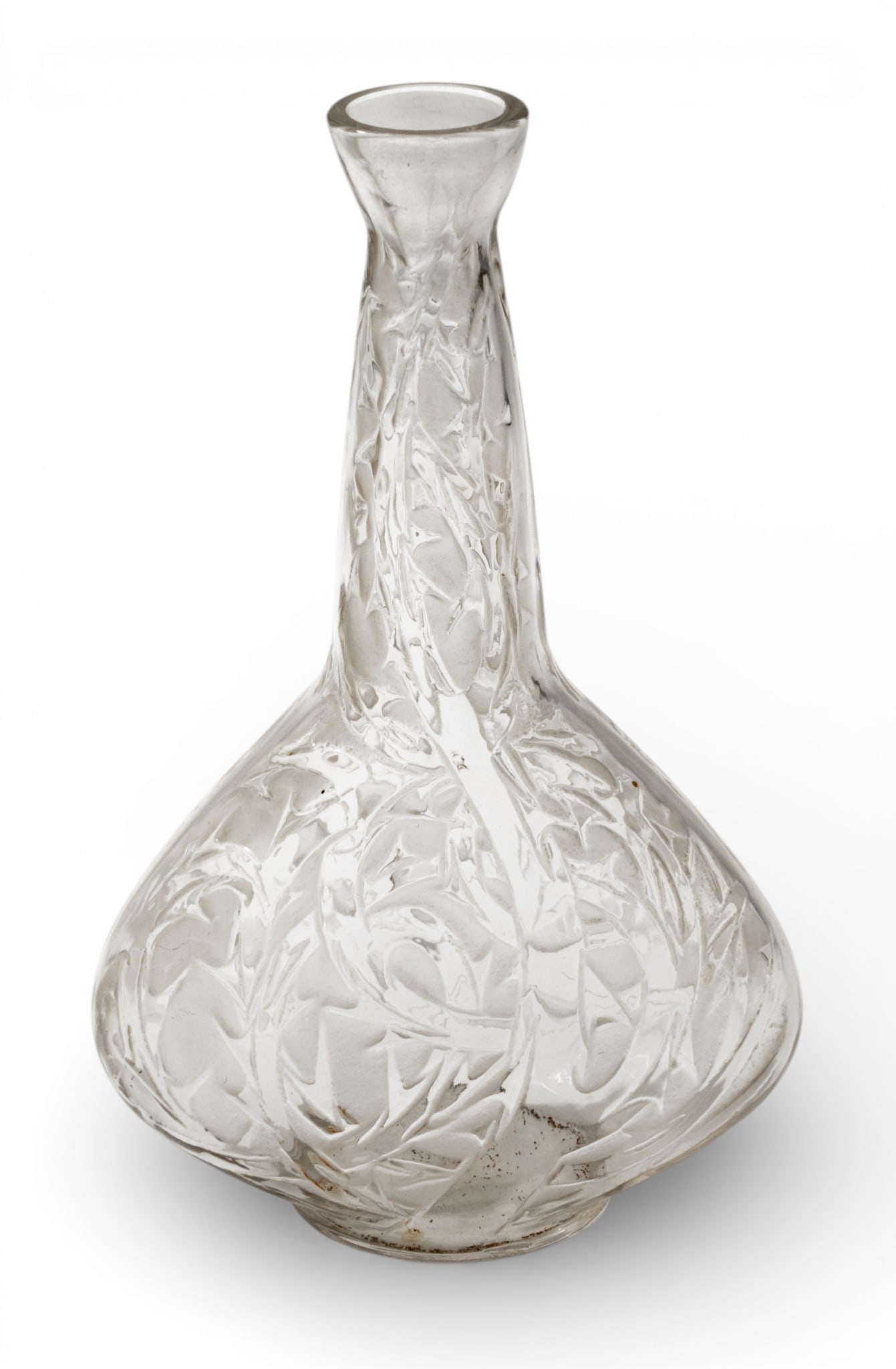 Lalique (France) Crystal Vase H 10.2" W 6.5": Lalique (France) Crystal Vase H 10.2" W 6.5" Signed Lalique in script. Clear and frosted. Bottle neck and bulbous base. Dimensions: H 10.2" W 6.5"