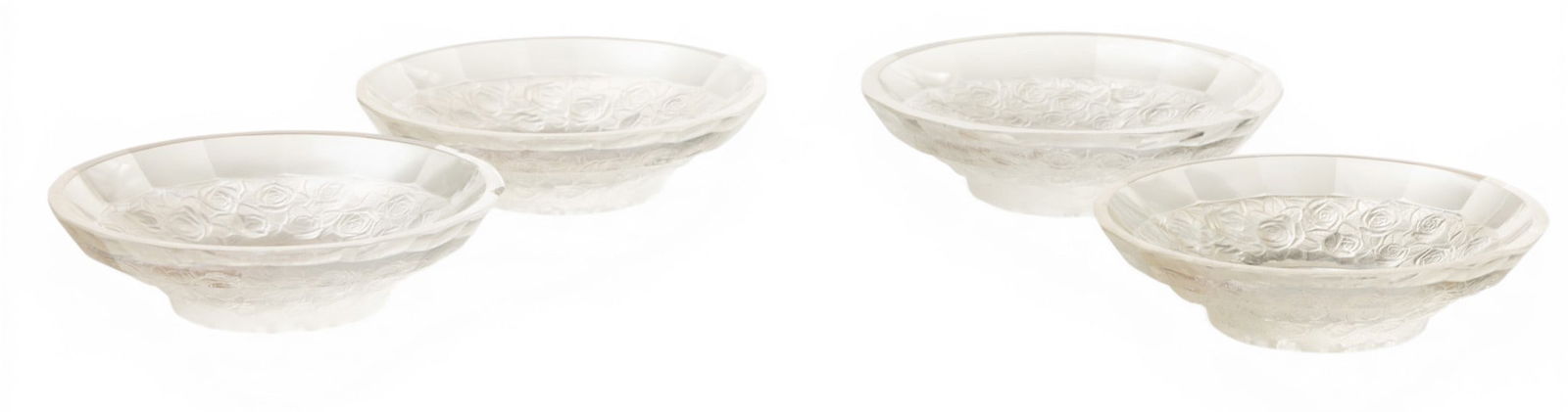 Lalique (France) Crystal Dishes, Four Cherubs and Roses (two As Is) Dia. 4.7" 4 PCS: Lalique (France) Crystal Dishes, Four Cherubs and Roses (two As Is) Dia. 4.7" 4 PCS Frosted band with flowers. Clear crystal base with four cherubs. Two dishes with large chips. Provenance: Property