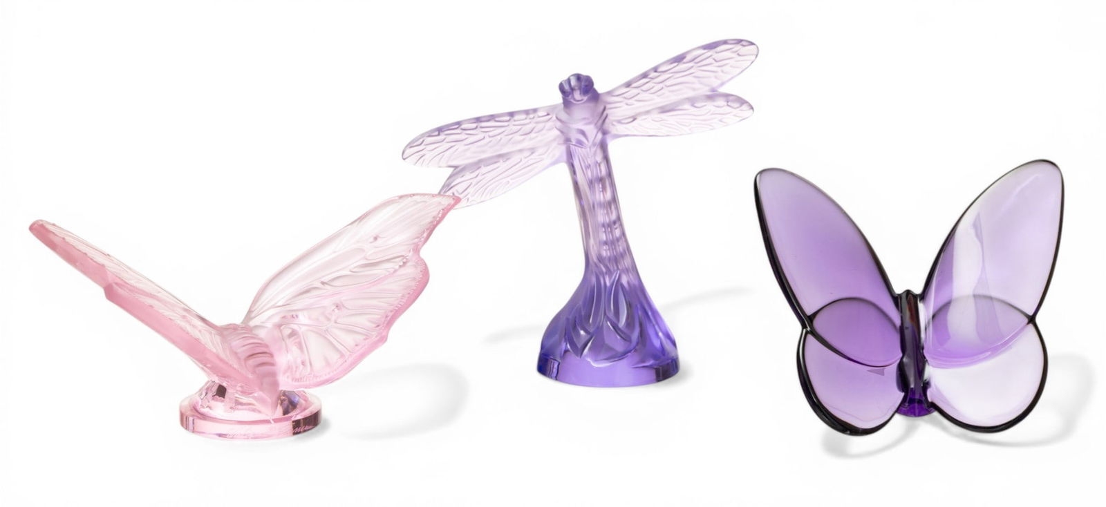 Lalique and Baccarat Crystal Dragonfly (1), Butterfly (2) 3 PCS: Lalique and Baccarat Crystal Dragonfly (1), Butterfly (2) 3 PCS Lalique lavender dragonfly H 3.5". Lavender Baccarat butterfly W 3". Pink Lalique butterfly W 4". Provenance: Property of a Troy,