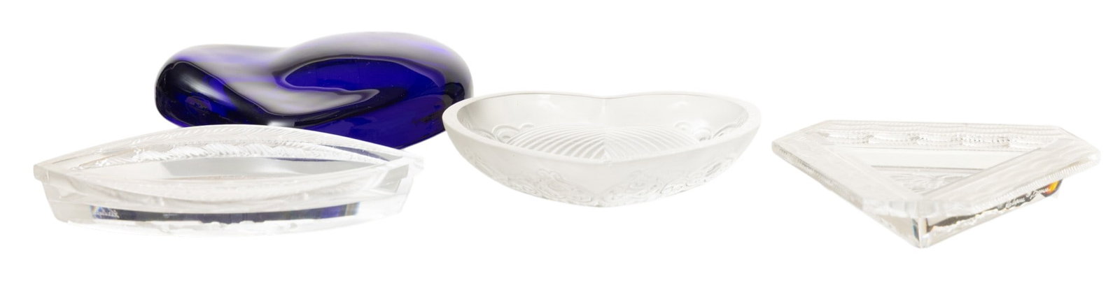 Lalique (France) Three Crystal Dresser Ring Dishes, One Tiffany Heart 20th Cent., H 0.5" W 3.25" L: Lalique (France) Three Crystal Dresser Ring Dishes, One Tiffany Heart 20th Cent., H 0.5" W 3.25" L 4" 4 PCS Dragonfly iris formed dish H. .5" W. 3.25", L. 4"; One triangular butterfly dish, H .5", W.